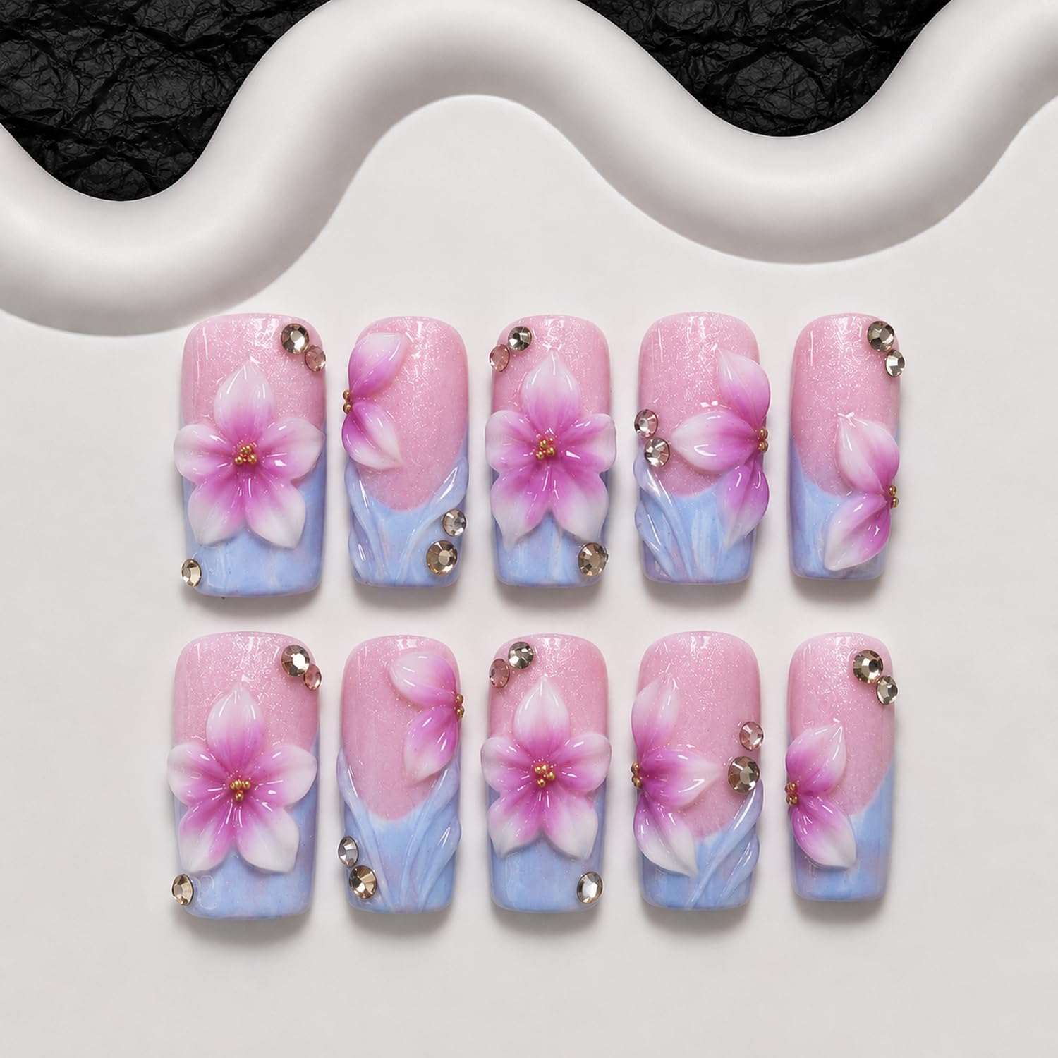 Photo 1 of 10pcs Handmade Press on Nails Medium Square Nails Press ons with 3D Flower & Rhinestones Design Thicked Muti-Layer Gel Fake Nails Purple Gradient French Tip Acrylic Nail Kit for Women (M)