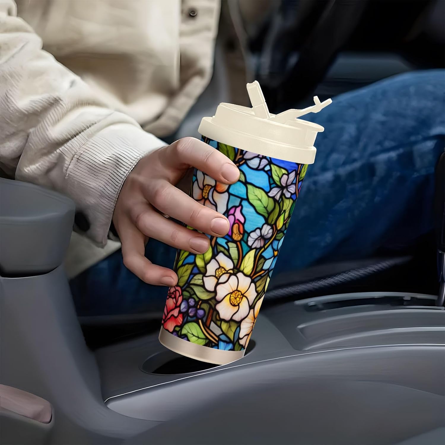 Florals Stain Glass Insulated Coffee Mug with Straw & Flip Lid, 16.9oz Iced Tumbler Cup, Double Wall Vacuum Leak-Proof Mug for Travel Office