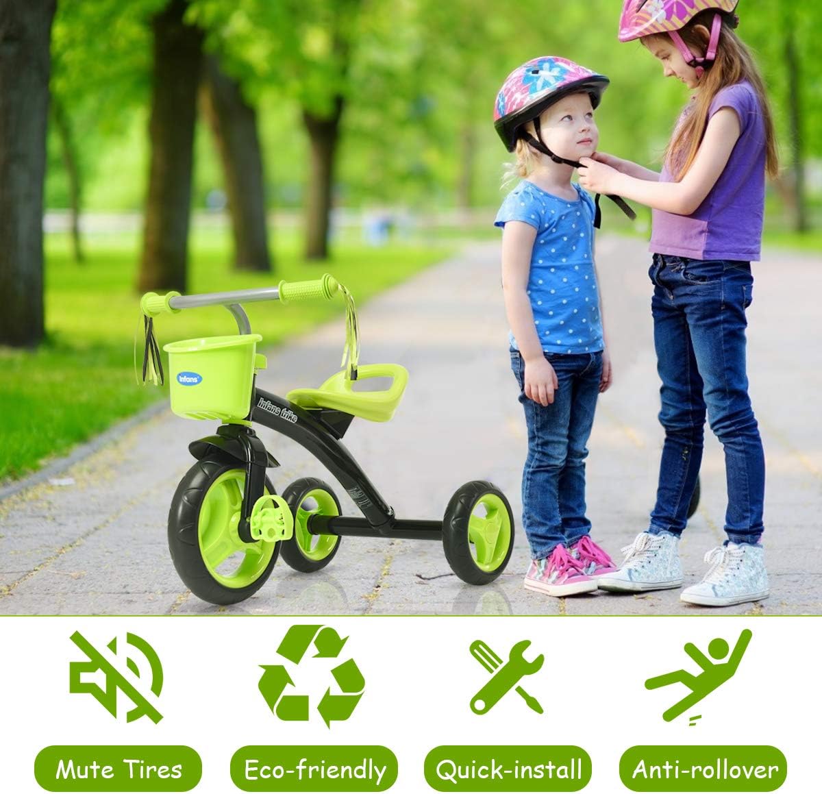 INFANS Kids Tricycle Rider with Adjustable Seat, Storage Basket, Premium Quiet Wheels, Non-Slip Handle (Green) : Sports & Outdoors