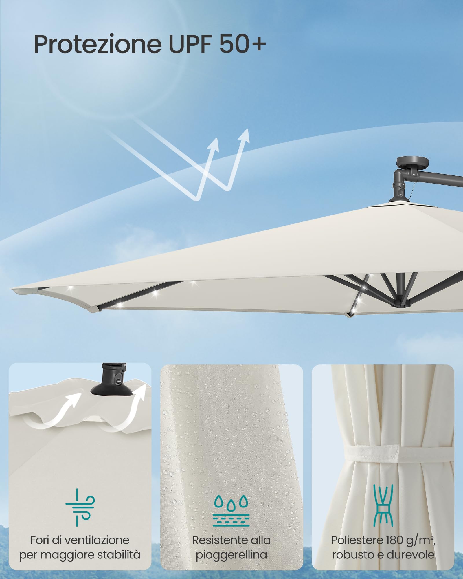 SONGMICS Ombrellone da Balcone con Illuminazione LED Solare, 32 Luci LED, con Base, Parasole UPF 50+, con Manovella, per Terrazza, Giardino