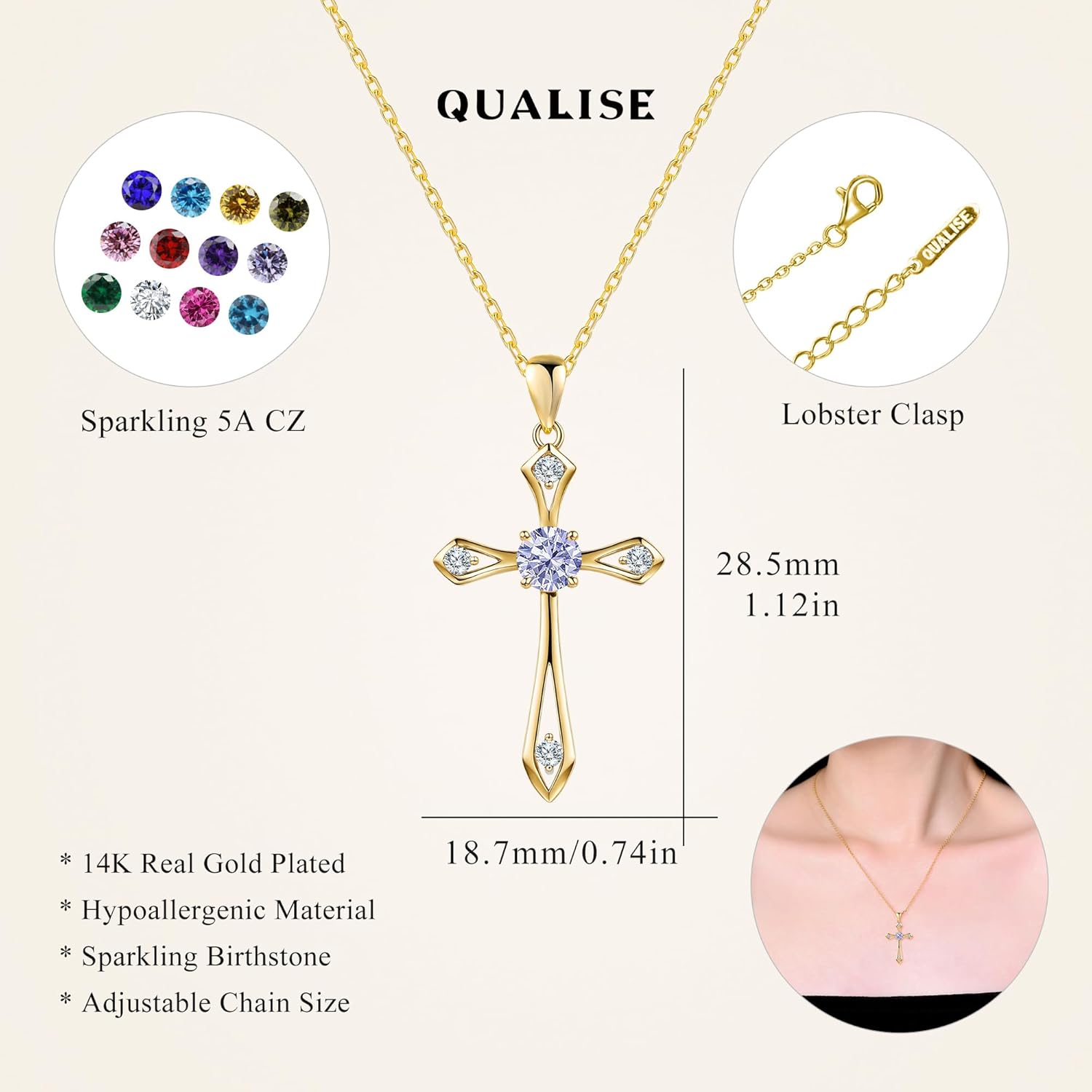 Cross Necklace for Women,925 Sterling Silver Birthstone Necklace with Diamond Faith Religious Birthstone Jewelry Birthday Holiday Gifts for Her/Wife/Mom/Girlfriend