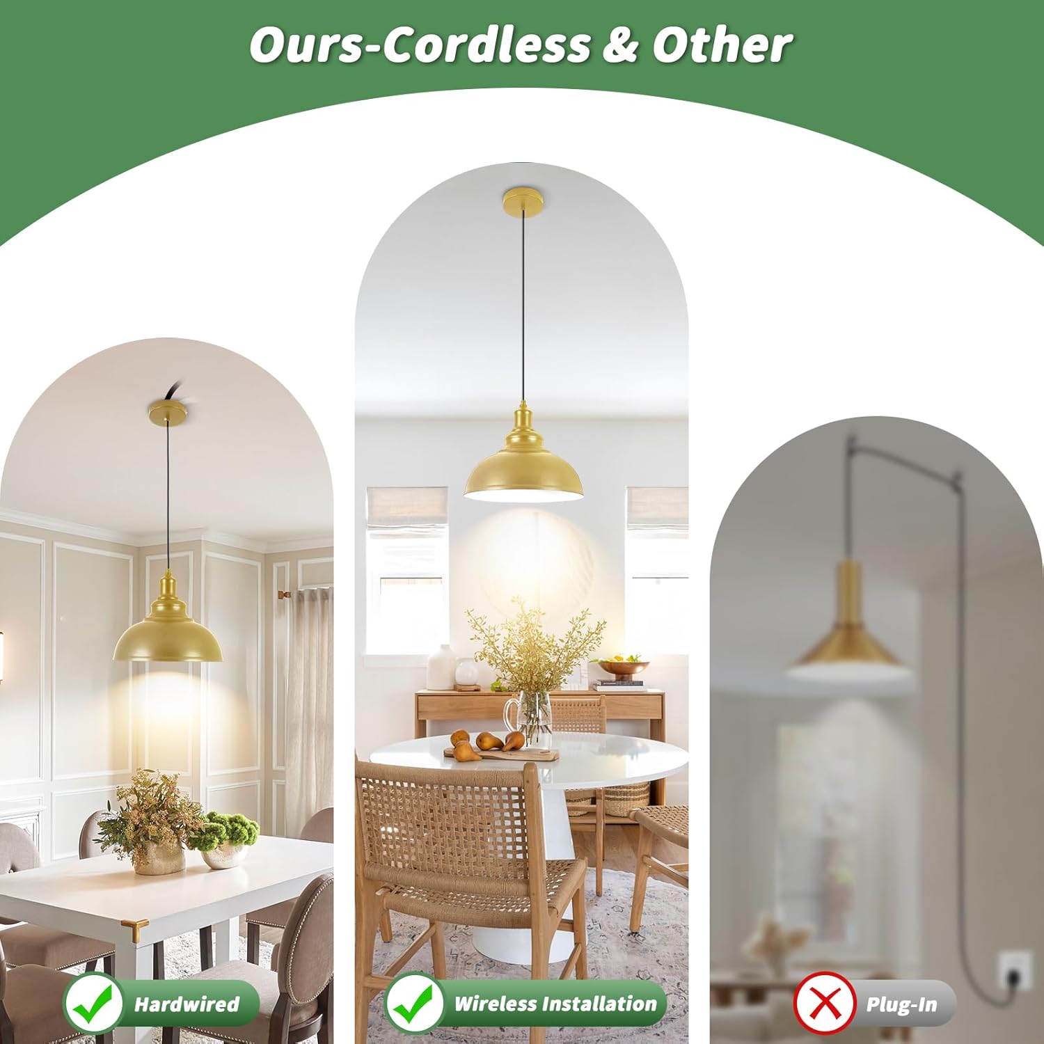 Battery Operated Pendant Lights, 2 Pack Rechargeable Pendant Light with Remote, Gold Pendant Light Fixtures for Kitchen island, Modern Industrial hanging Lights for Dining Room Hallway Bedroom