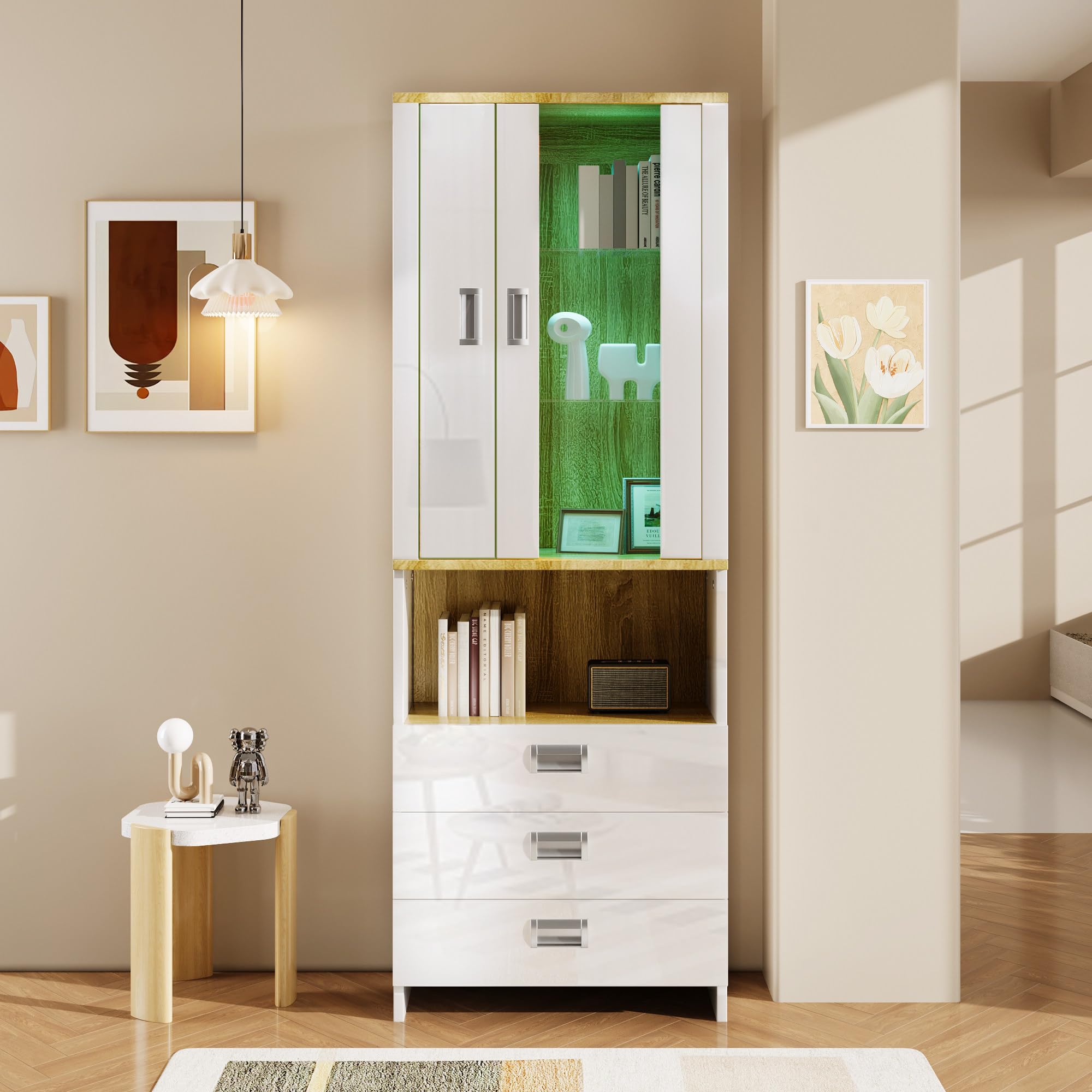 Vitrine 181,5 cm Hauteur avec Porte en Verre Transparent, Armoire de Rangement avec éclairage LED Réglable, Buffet au Design Moderne Brillant pour Différentes Pièces, Bahut Blanc, Meuble de Salon