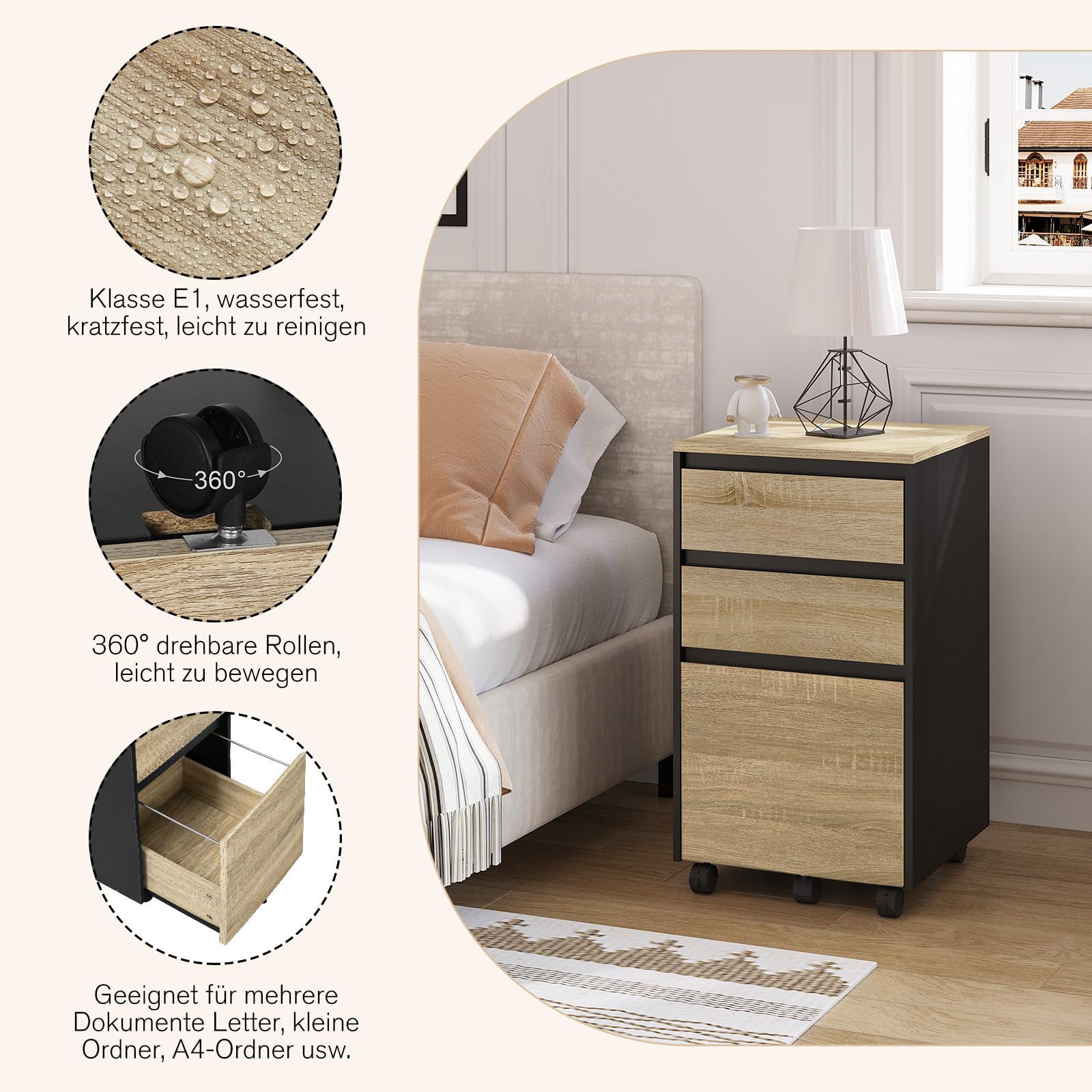 WOLTU mobiler Aktenschrank, Schrank für Aktenordner, Aufbewahrungsschrank im Büro, Büroschrank mit Rollen, Rollcontainer mit 3 Schubladen, helle Eiche schwarz, 40x71.5x40cm, ASK01hei