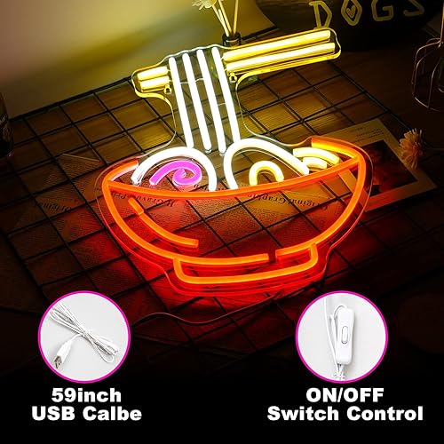 Miniatura 3 de Letrero de neón de ramen regulable, luces LED de neón de fideos ramen para decoración de pared, 16.1''X12.6'' letreros de neón vibrantes alimentados