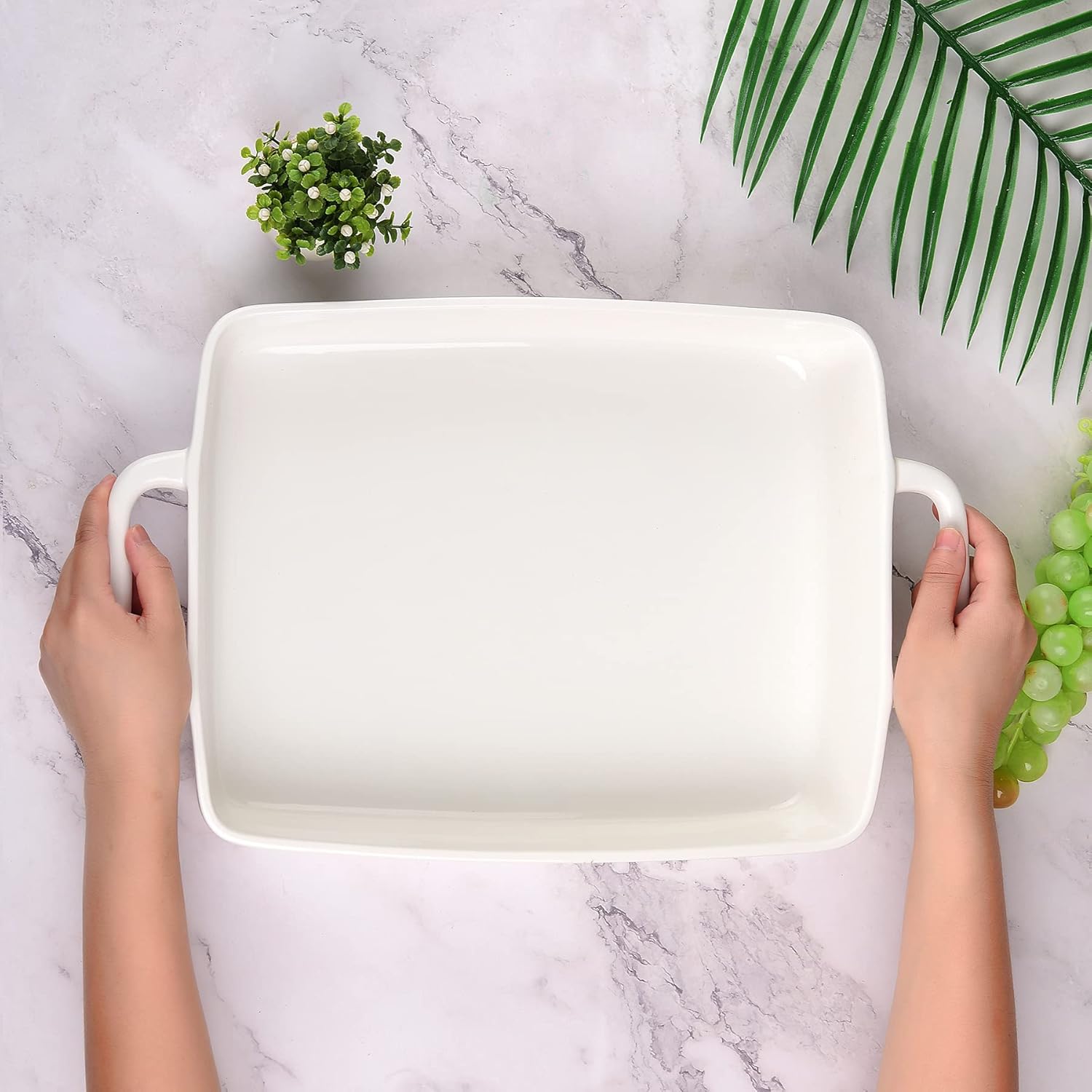 9 x13 Baking Dish Ceramic Lasagna Pan for Oven, Large Bakeware Tray Rectangular Casserole Dishes with Double Handle for Cooking and Daily Use -White