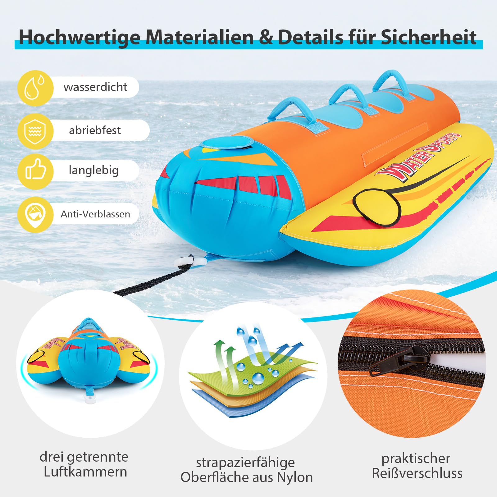 COSTWAY Bananenboot für 3 Personen, Towable Tube mit 3 Eva-gepolsterten Sitzen und Griffen, Wassersport Funtube, Formula Tube für Boot, Reparatursatz enthalten