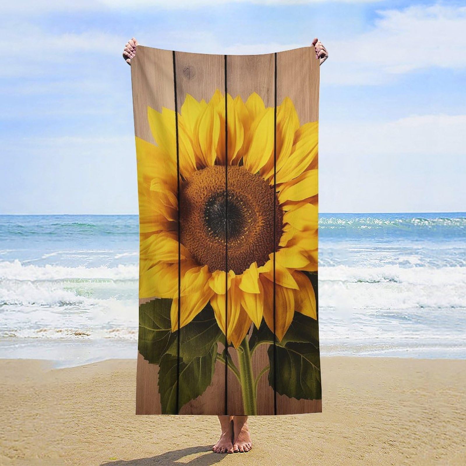 NTVOWPZO Sunflower with Wood Beach Towel Oversized Microfiber Bath Towels Lightweight Sand Proof Beach Towels Absorbent Pool Towels for Swimming Yoga Bathroom Towel 31.5" X 63"