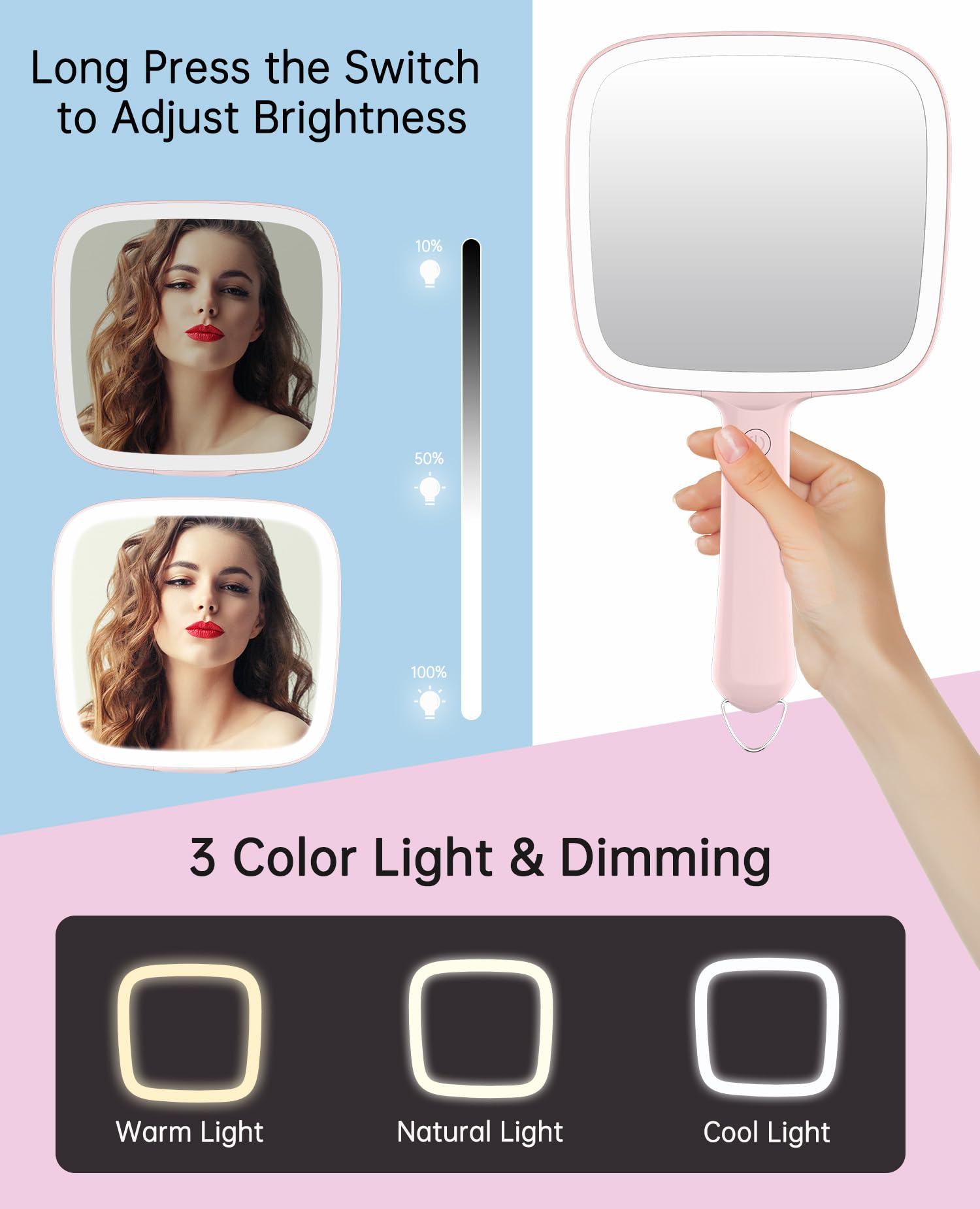 Famihomii LED Handheld Mirror with 3 Dimmable Light Modes