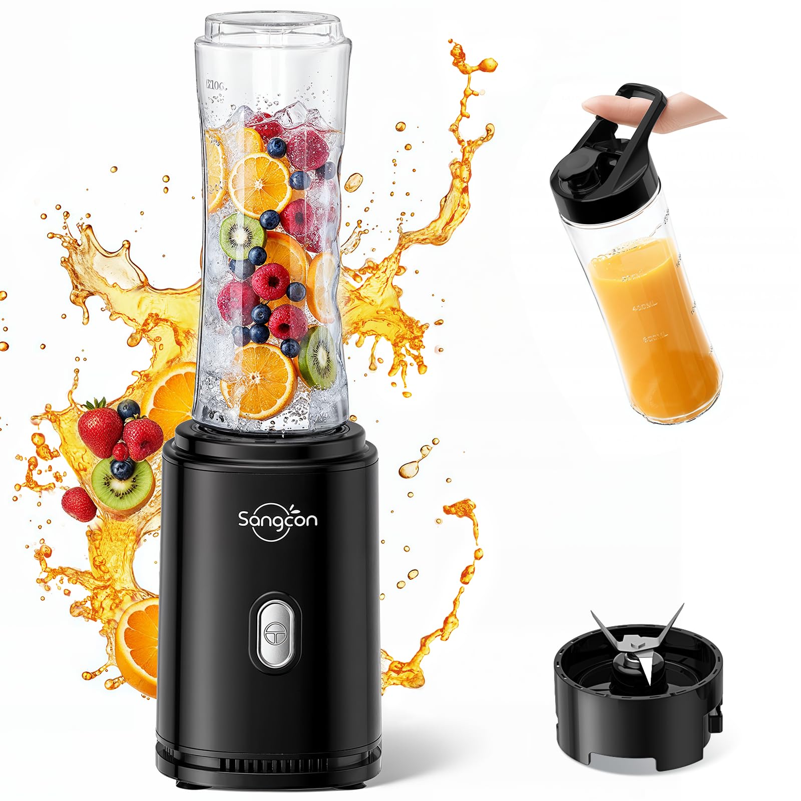 Sangcon Mixer Smoothie Maker, frullatore sportivo elettrico portatile per frullati e frullati con 2 bottiglie in Tritan To Go da 600 ml senza BPA 2 tappi per bere coltello a 4 lame, pulsante a impulsi