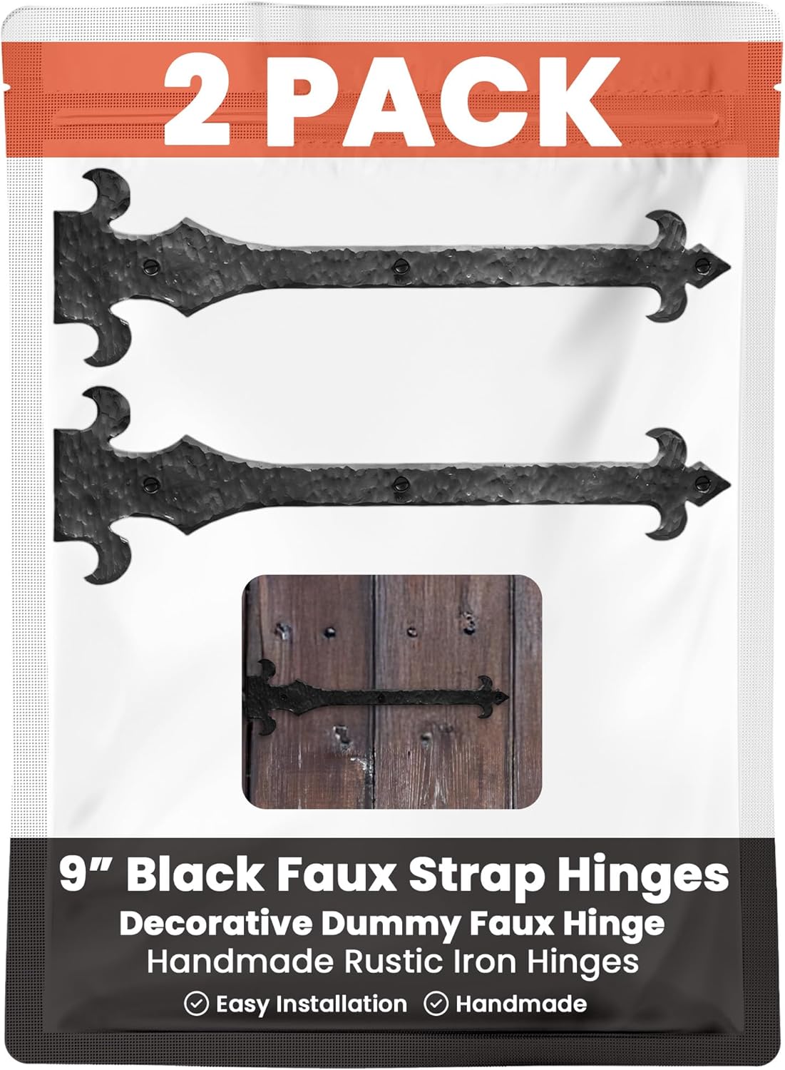 2 Pack 9" Black Faux Strap Hinges - Decorative Dummy Faux Hinge – Handmade Rustic Iron Hinges for Farmhouse Shutter, Carriage Doors, Barn Door, Castle Door, and Gate – Nouvelle Fleur De Lis Series