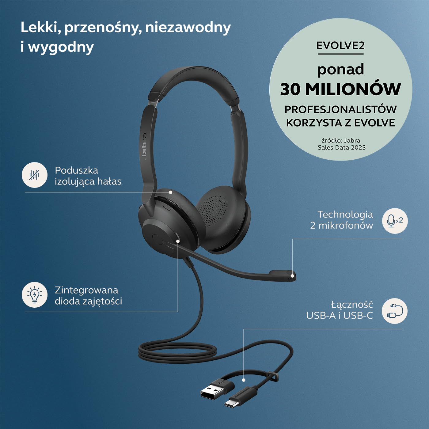 Jabra Evolve2 30 SE - USB-A/USB-C - przewodowy podwójny zestaw słuchawkowy certyfikowany dla platform UC
