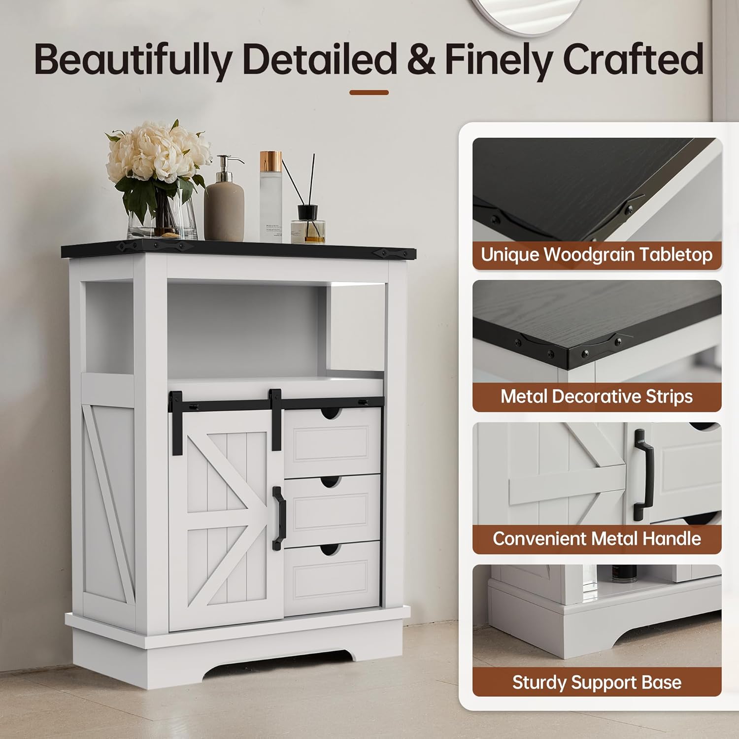 Bathroom Floor Cabinet, Farmhouse Storage Cabinet with Sliding Barn Door & Storage Drawers, Small Storage Cabinet for Bathroom, White