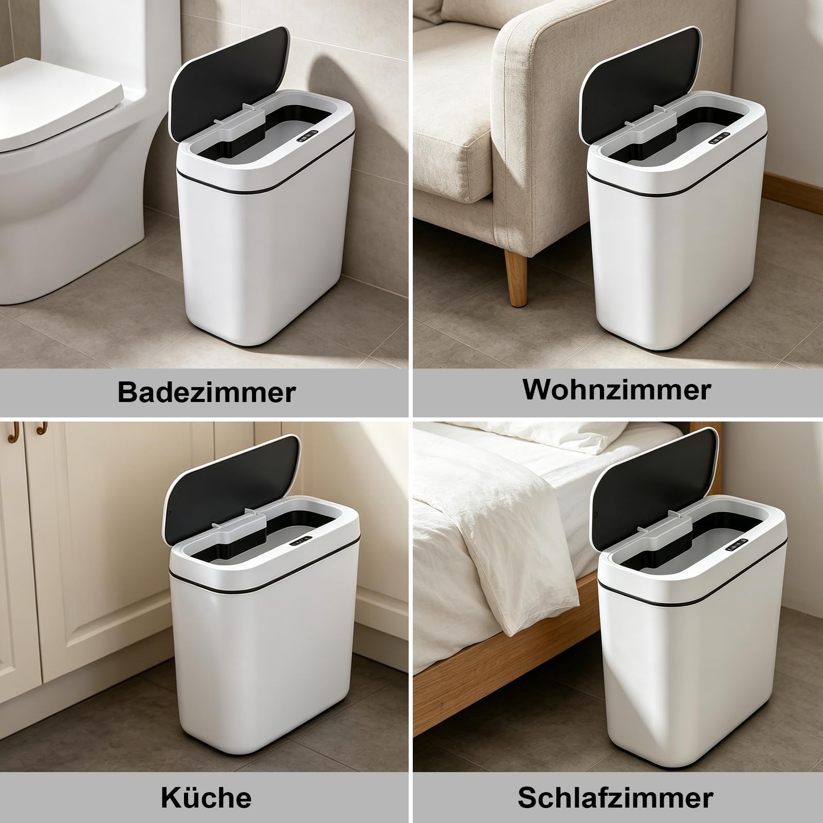 2er Set Mülleimer Bad mit Sensor, 15L Elektrischer Mülleimer mit Deckel | Leise und Wasserdicht, Schlankes Schmales Design, Platzsparend, für Büro Schlafzimmer Badezimmer Küche