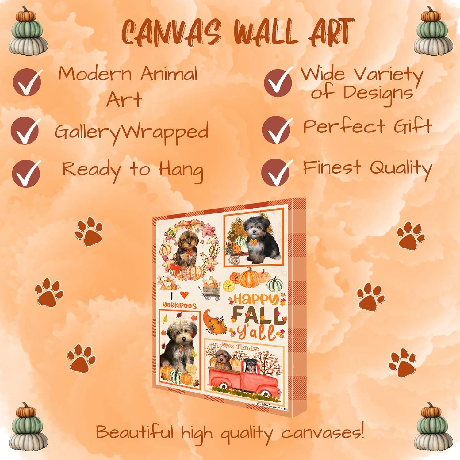 Doggie of the Day Happy Fall Y'all Pumpkin Yorkipoo Dogs Canvas Wall Art - Premium Quality Ready to Hang Room Decor Wall Art Canvas - Unique Animal Printed Digital Painting for Decoration, 24"x36"