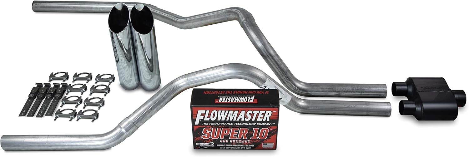 Truck Exhaust Kits - Shop Line dual exhaust system 2.5" Aluminized pipe Flowmaster Super 10 Muffler 2.5" With Slash Cut Chrome Tips for Silverado, Sierra, F-Series,& Ram