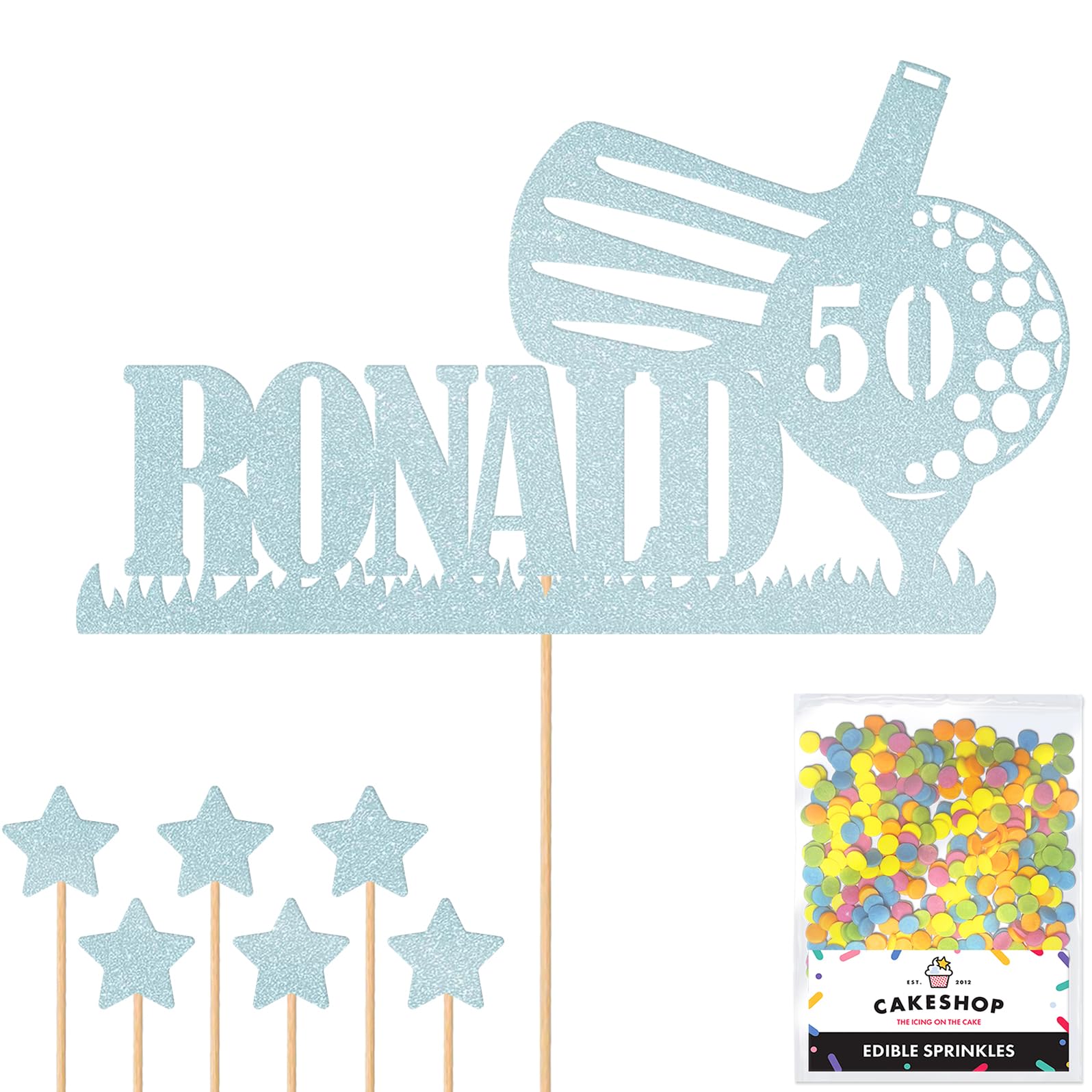 Personalised Golf Golfer Glitter Cake Topper - Light Blue Custom Age & Name Glitter Cake Decoration and Sprinkles - Happy Birthday Decorations - Personalised Toppers for Cakes by Cakeshop — image 1