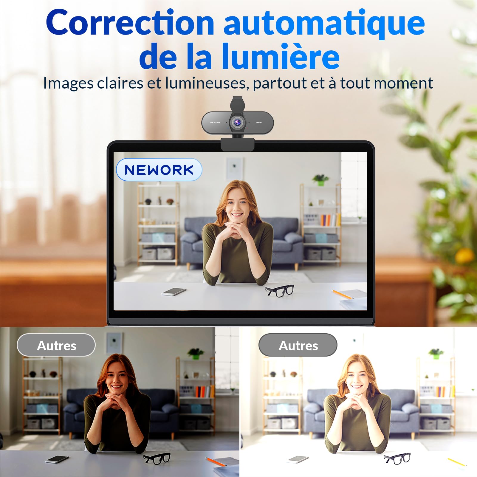 Webcam 4K UHD avec Autofocus Ultra-Rapide PDAF+CDAF, 1080P@60FPS, Microphones à Réduction de Bruit, Lumière Auto-Adaptée, USB Plug & Play, Cache de Confidentialité, Angle de Vue 79°