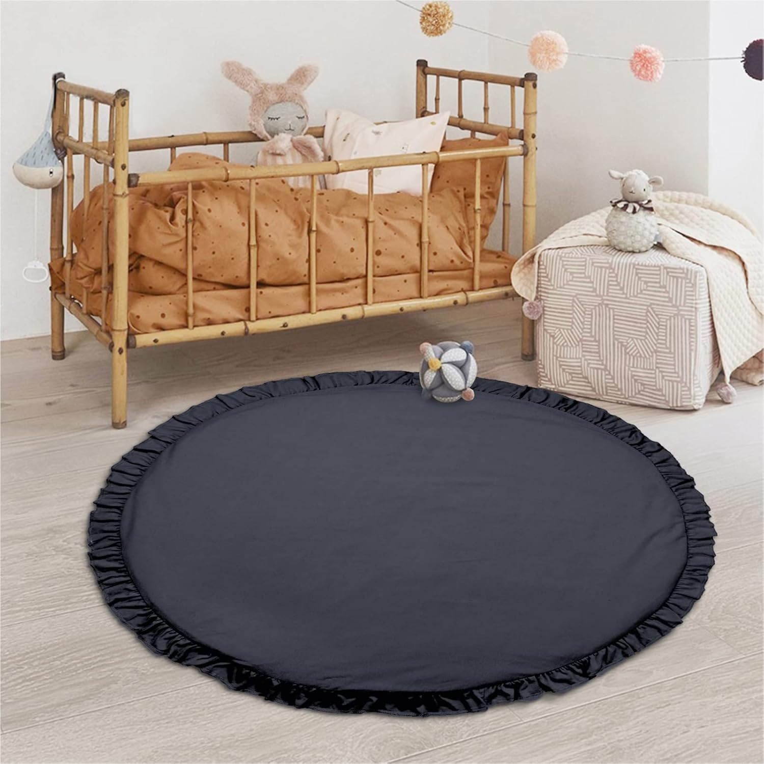 ABREEZE Baby Cotton Play Mat Soft Crawling Mat White Detachable Washable Game Blanket Floor Playmats Kids Infant Child Activity Round Rug Home Room Decor (Dark Grey)