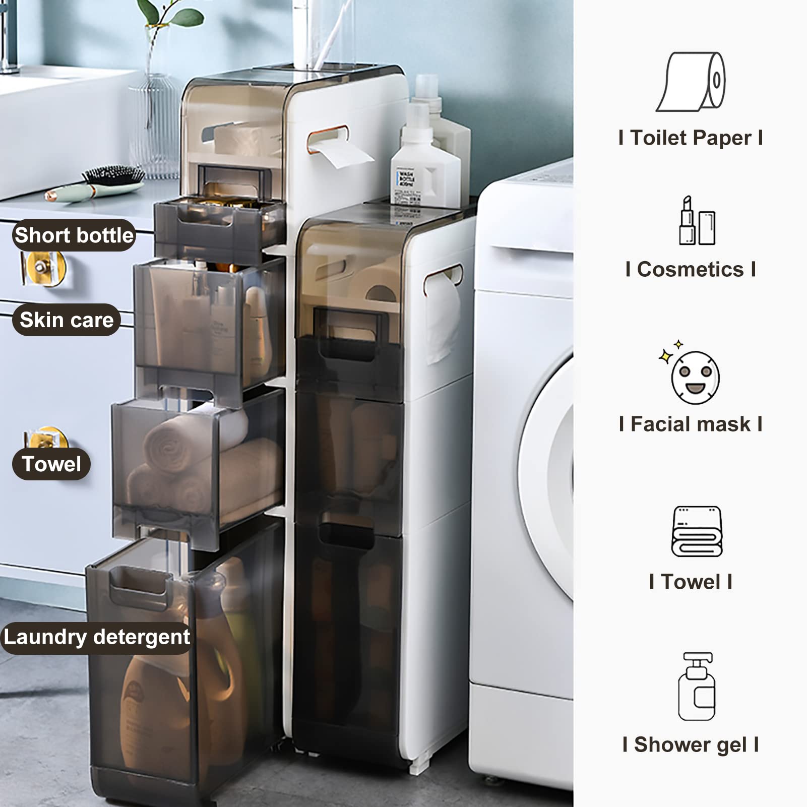 Torre dei cassetti di stoccaggio impilabili a 4 Livelli Slim 4, organizzatore di bagni Stretti con cassetti e Ruote Trasparenti, Armadio di stoccaggio Versatile per Articoli da Bagno, Prodotti di Car