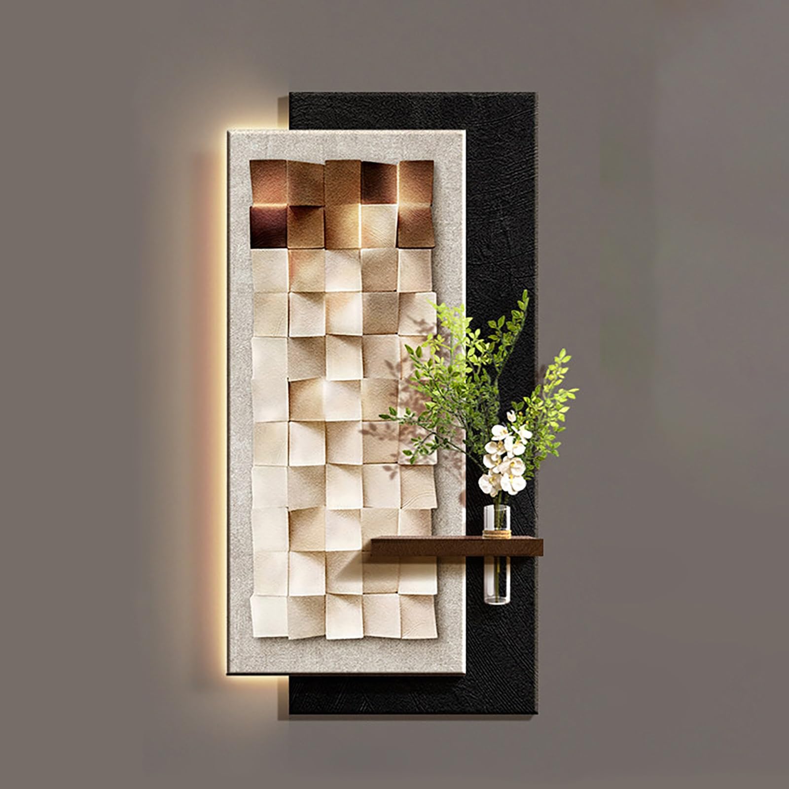 Décoration murale 3D avec lumière fausse verdure vase cadre grès 60x120cm