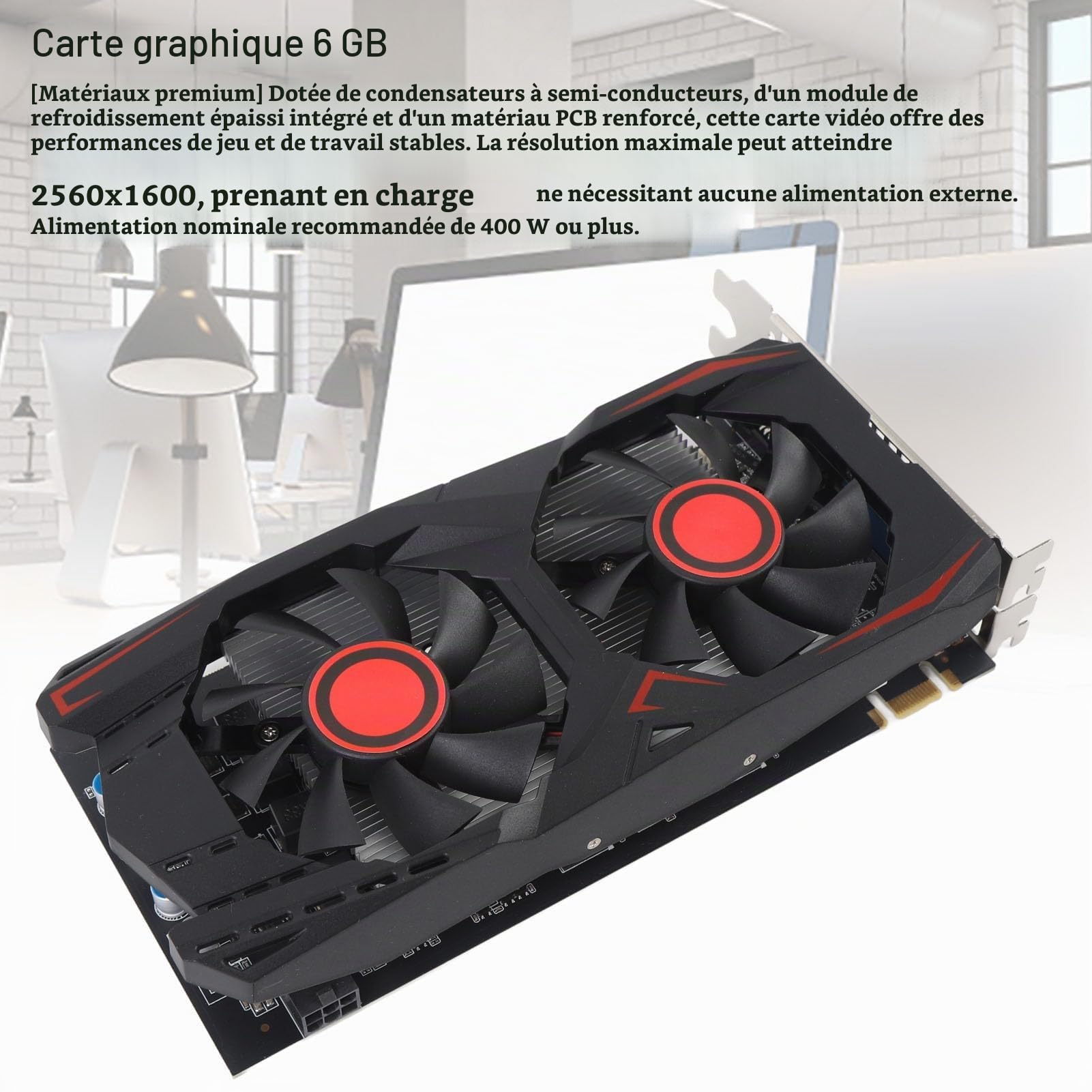 HERCHR Carte Graphique vidéo PC, 6 Go GDDR5 192 Bits Double Ventilateur PCIE 2.0 16X Slot Prend en Charge l'interface multimédia DVI VGA HD Carte vidéo de Jeu pour Ordinateur de Bureau