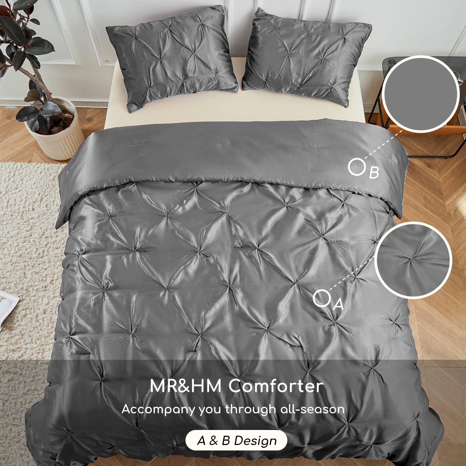 MR&HM Satin Comforter Queen Set 3pcs, Pintuck Beddding Sets with Comforter and 2 Pillow Shams, Soft Fluffy Silky Comforter for All Season (Queen, Dark Grey)