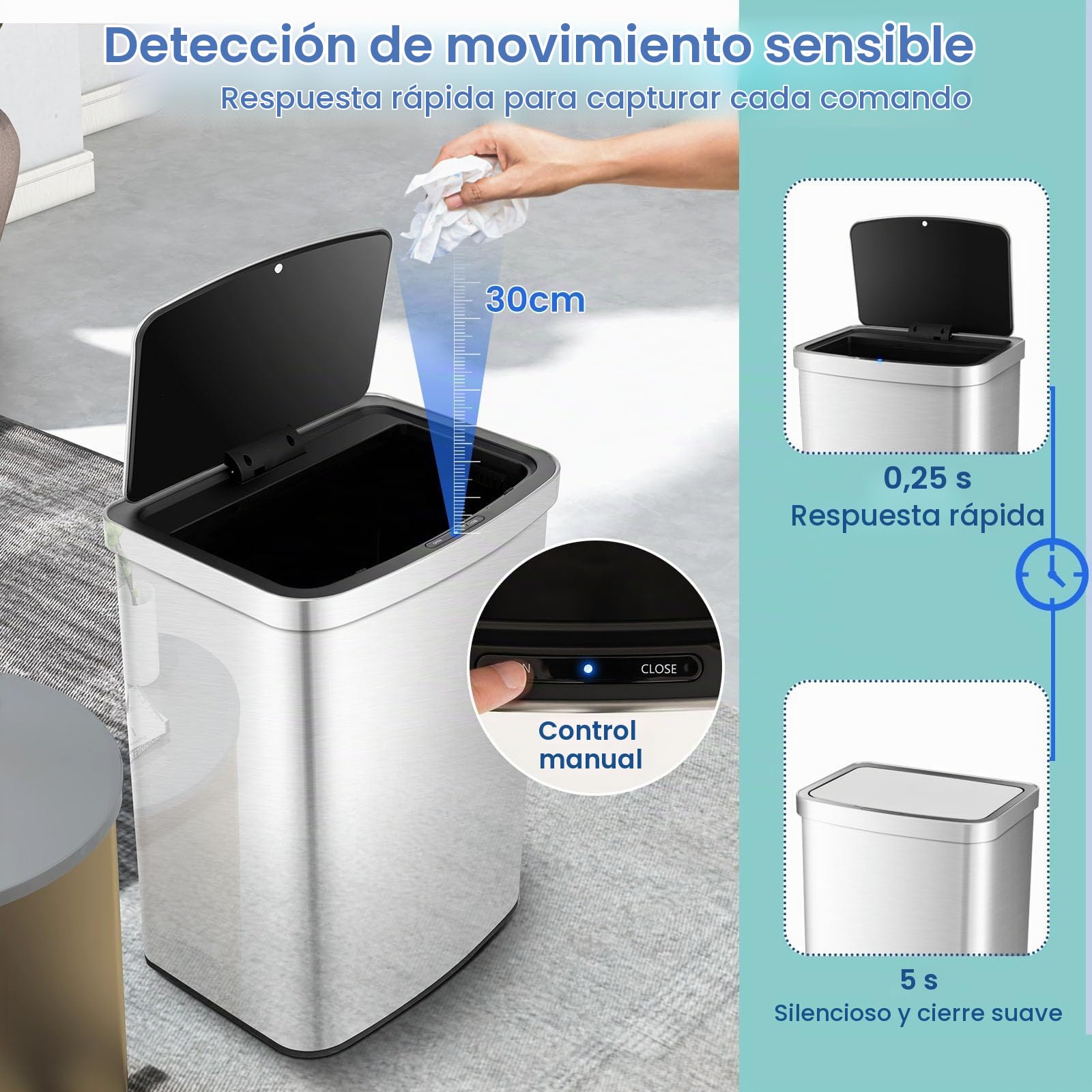 LIFEZEAL Cubo de Basura Rectangular de Acero Inoxidable, con Sensor 50 L, Automático sin Tacto, Papelera de Cocina con Tapa de Cierre Suave