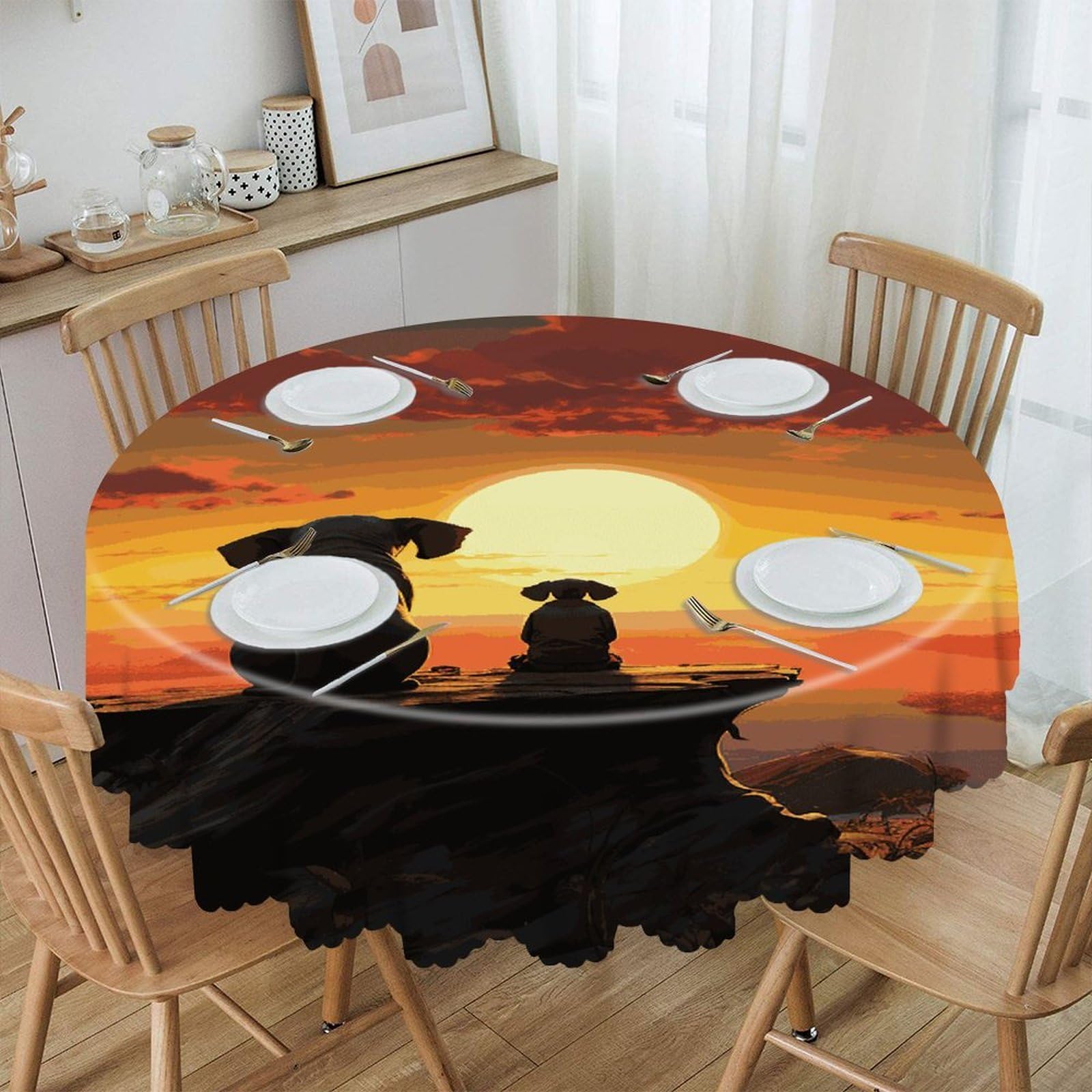 FekiLoot 60 Inch Round Elephant and Dog Watch The Sunset Tablecloth Waterproof Heavy Duty Polyester Table Cloth Spill-Proof Wipeable Table Cover Decorative Circle Dining Tablecover for Party Outdoor