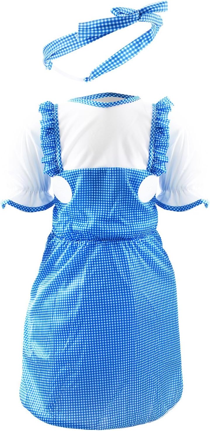 Girls Kansas Girl Costume - Blue & White Gingham Pinafore Dress with Faux White T-Shirt, Large Plastic Buttons & Strap Detailing - Perfect for World Book Day