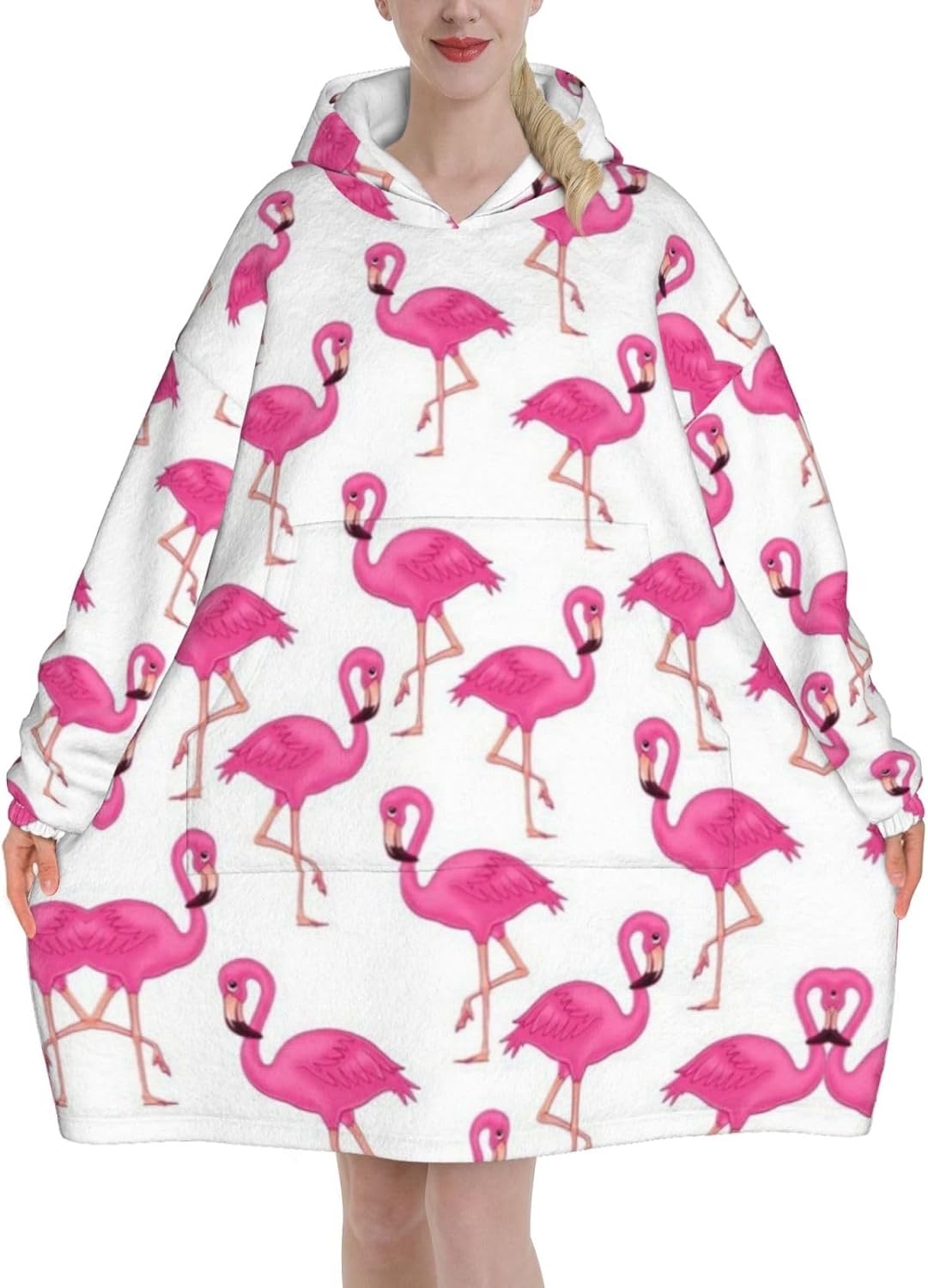 Flamingo Print Blanket Hoodie Fleece Sweatshirt Blanket With Sleeves And Pockets