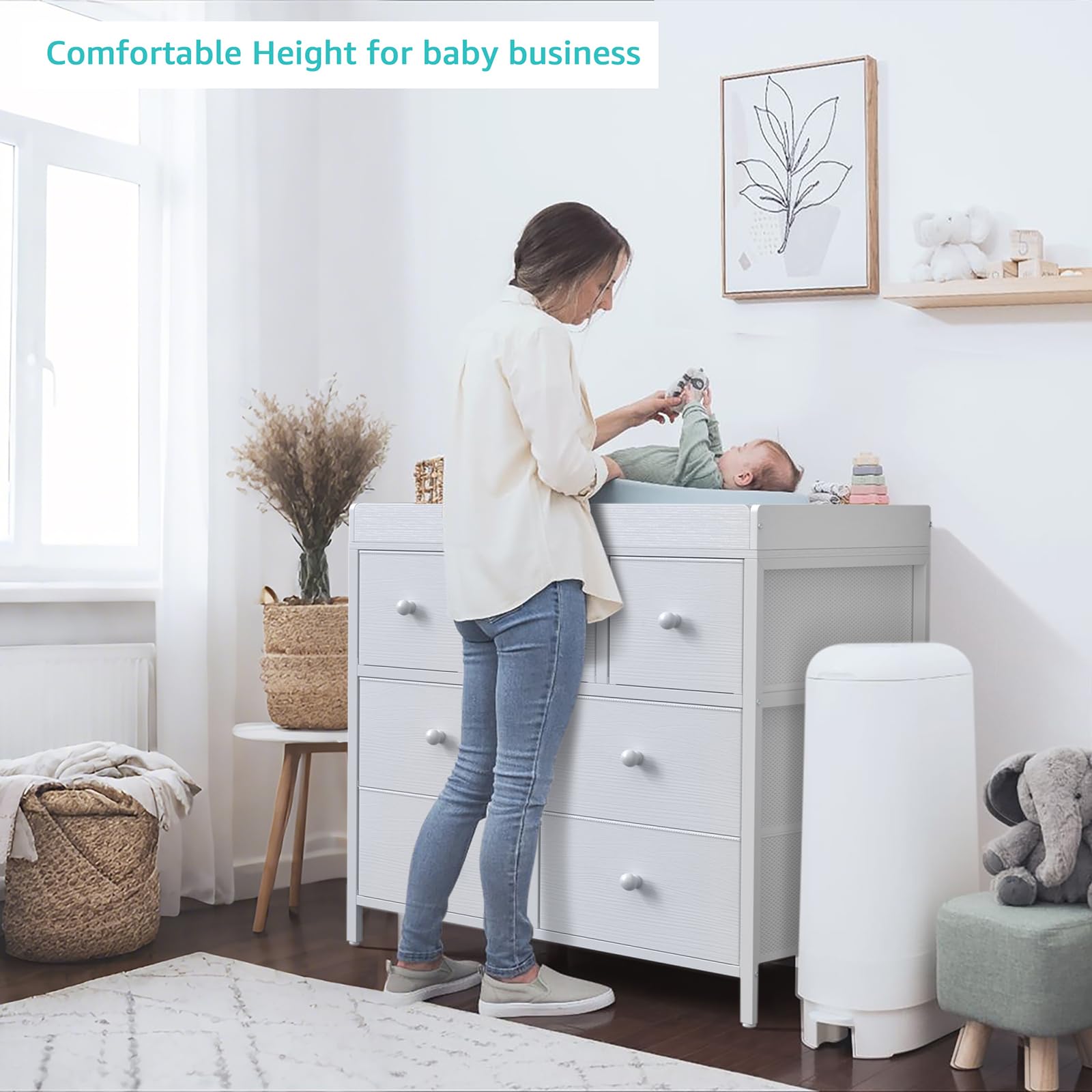 BOLUO Changing Table Dresser with 7 Fabric Drawers, Baby Dresser with Changing Table Top Diaper Changing Station with Storage for Nursery Modern