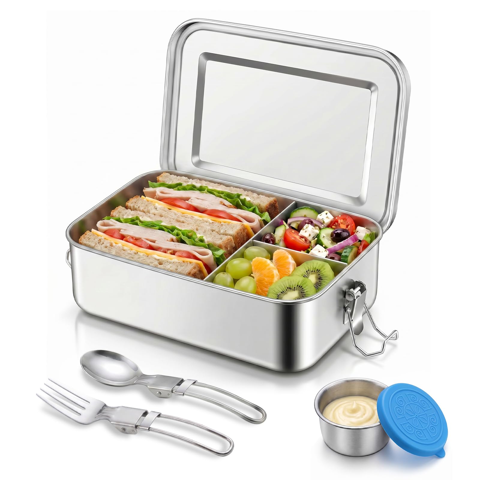 Stainless Steel Lunch Box 1400ml - Bento Lunch Box with Removable Dividers, Sauce Pot, Foldable Spork, Leak-Proof Sandwich Salad Food Storage Container for Kids & Adults, Freezer & Dishwasher Safe