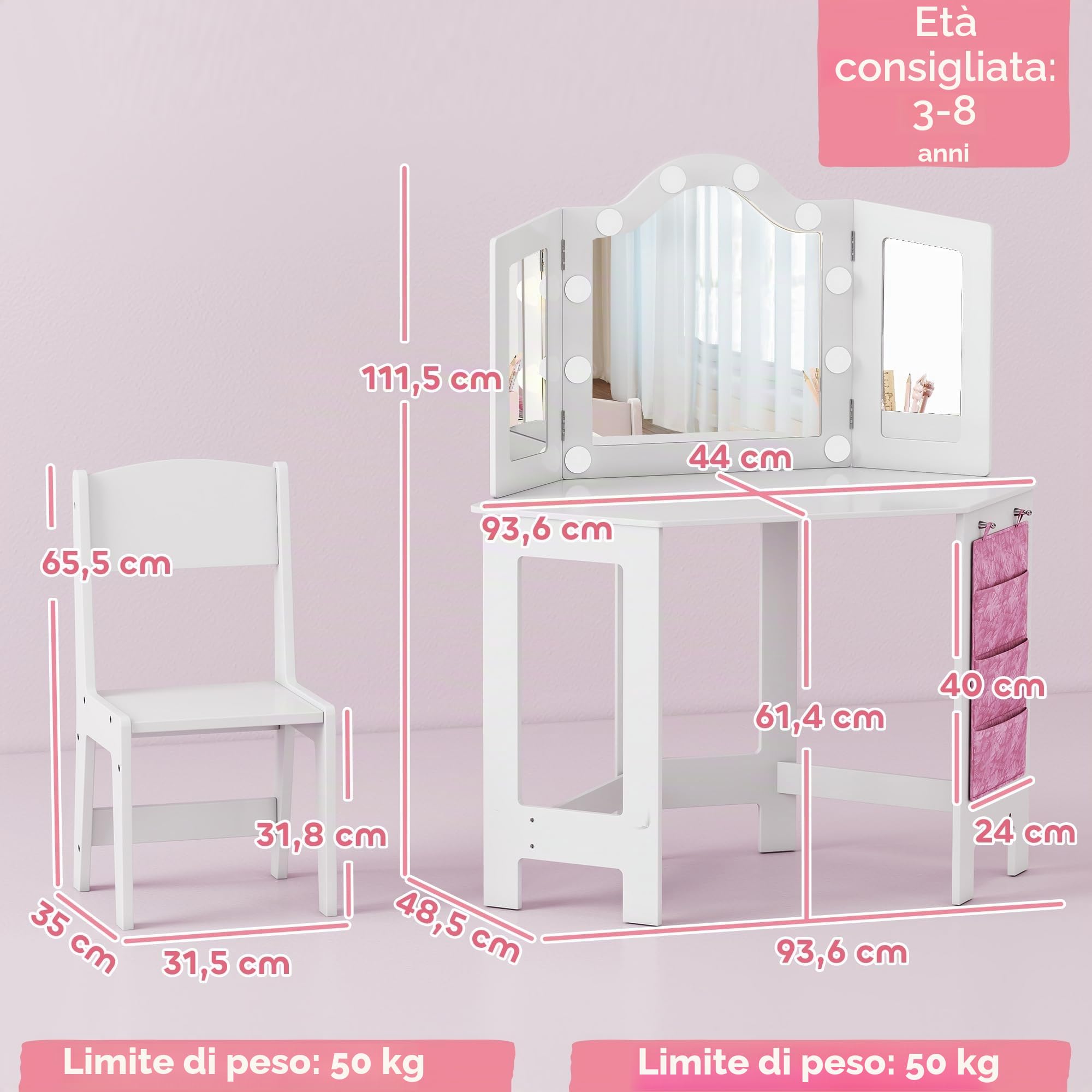 AIYAPLAY Tavolino da toilette per bambini 2 in 1 con sgabello, scrivania per bambine con specchio trittico e luci LED bicolore, tasca laterale portaoggetti, tavolo da trucco per bambini dai 3 agli 8