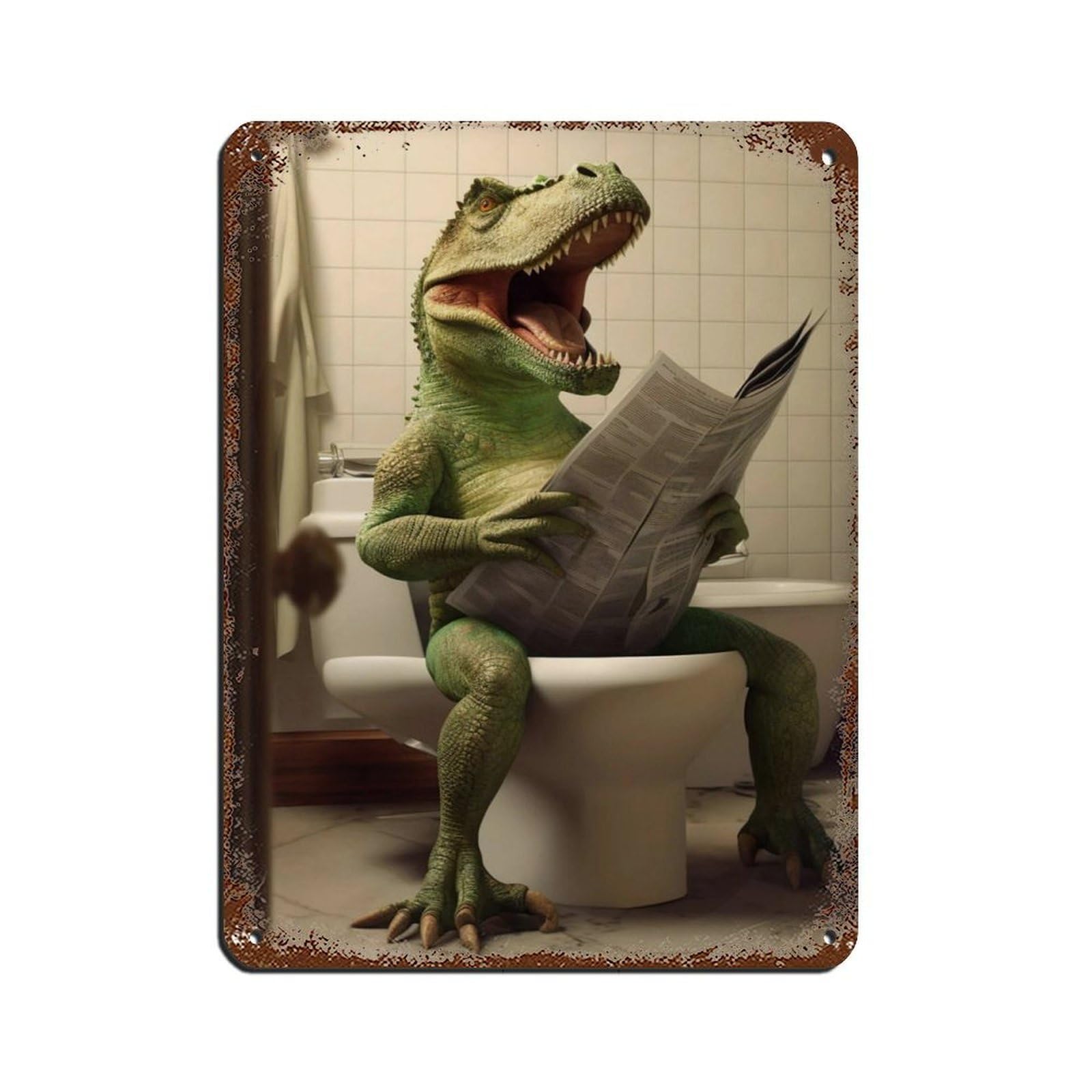 T-Rex Sitting on The Toilet Reading A Newspaper (3) Retro Poster Metal Tin Sign Chic Art Retro Iron Painting Bar People Cave Cafe Family Garage Poster Wall Decoration 12x16inch(30x40cm)