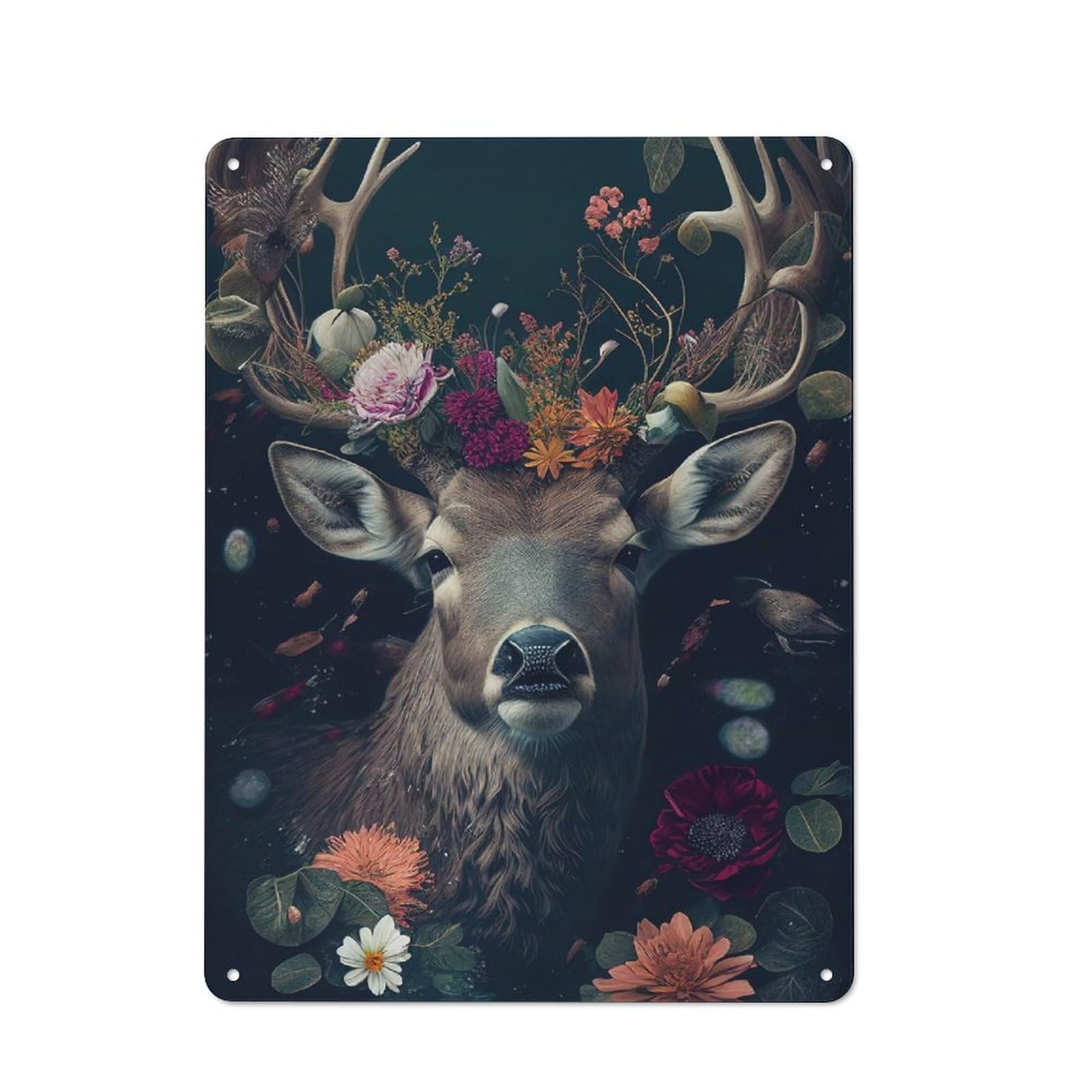 Junmoney Deer Face Animal Flowers Industrial-Style Metal Plaque 40X30cm For Hallway Wall, A Winter Wall Decor Update For Hallway Decor Lovers