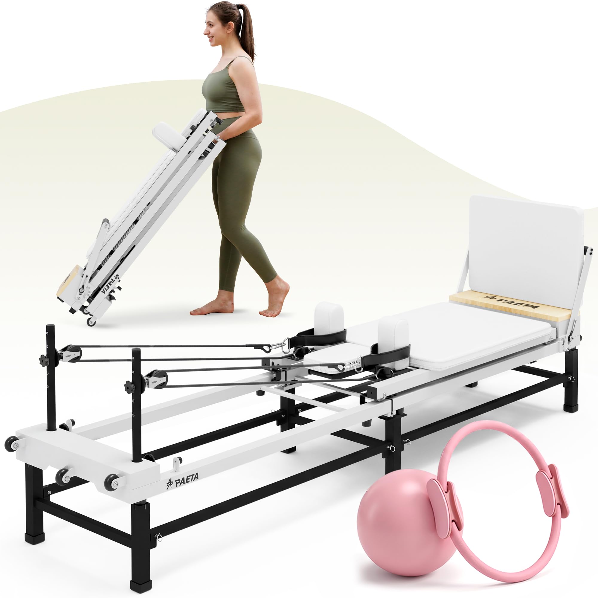 PAETA Pilates Reformer, 86" Foldable Reformer Pilates Machine with Adjustable Reformer Heights, Pilates Equipment with Music Wire Spings and Jump Boards