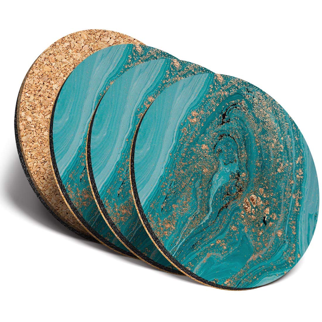 Destination Vinyl Ltd Multicolor 4 X Round Mdf Turquoise Marble Effect Drink Glossy Coasters Teal Gold Ink Art #15196