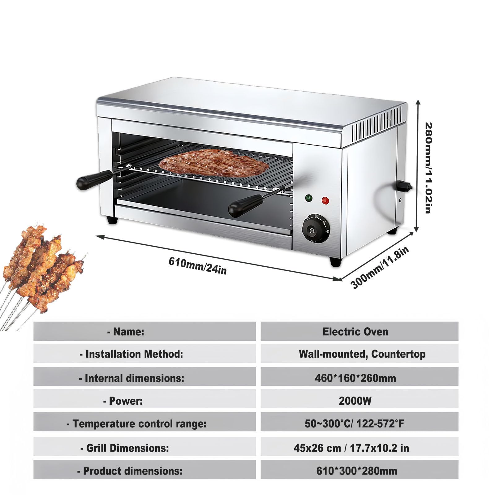 Asador eléctrico de salamandra, horno de carne y derretimiento de queso, 2000 W, rango de temperatura de 50 a 300 °C, ideal para asar filetes y derretir queso