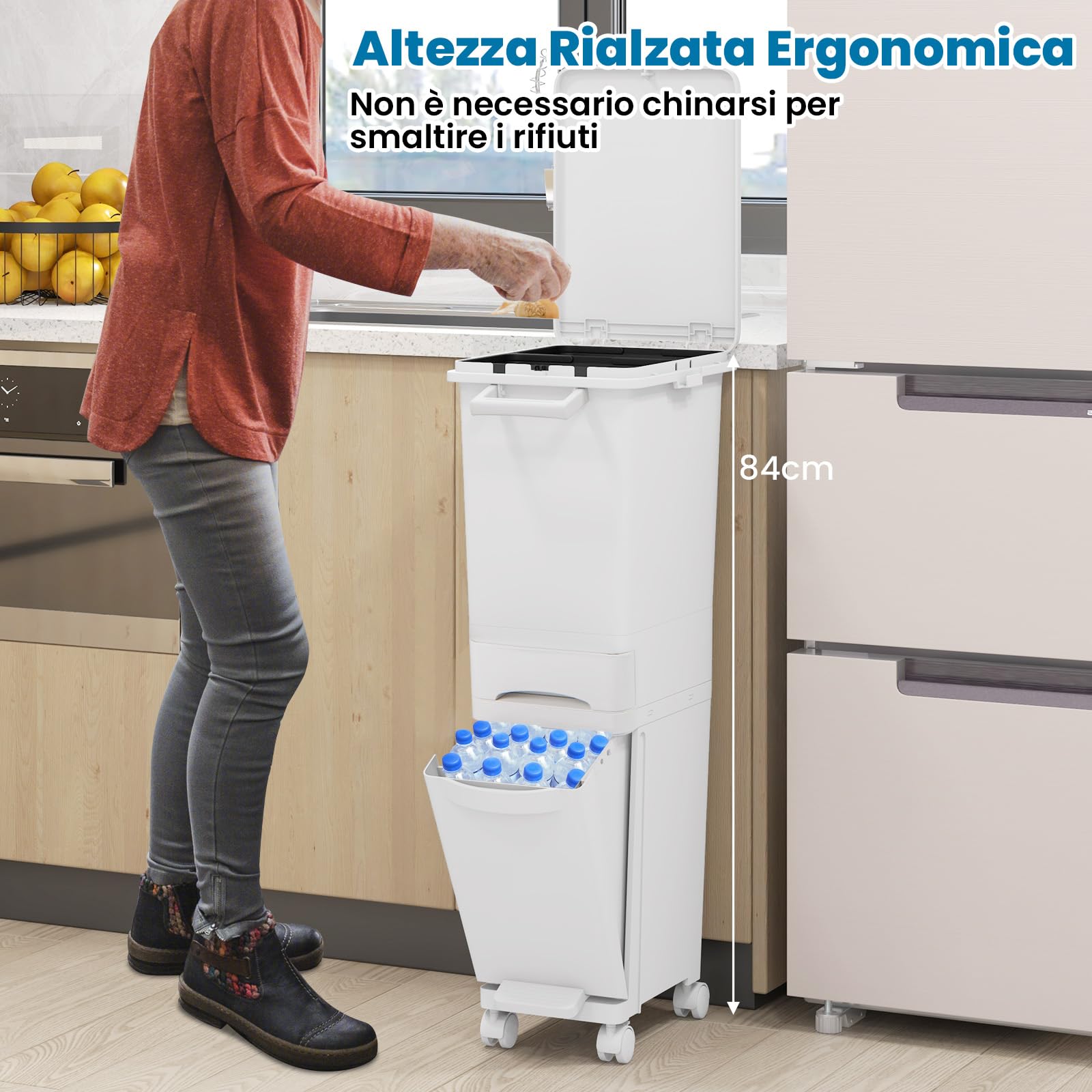 COSTWAY 3 in 1 Pattumiera 32L, Cestino per Rifiuti con 2 Cassetti 2 Scomparti Superiori e Adesivi, Pattumiera in Plastica a Pedale per Cucina Sala da Pranzo Soggiorno, 40x26x84 cm (Bianco)