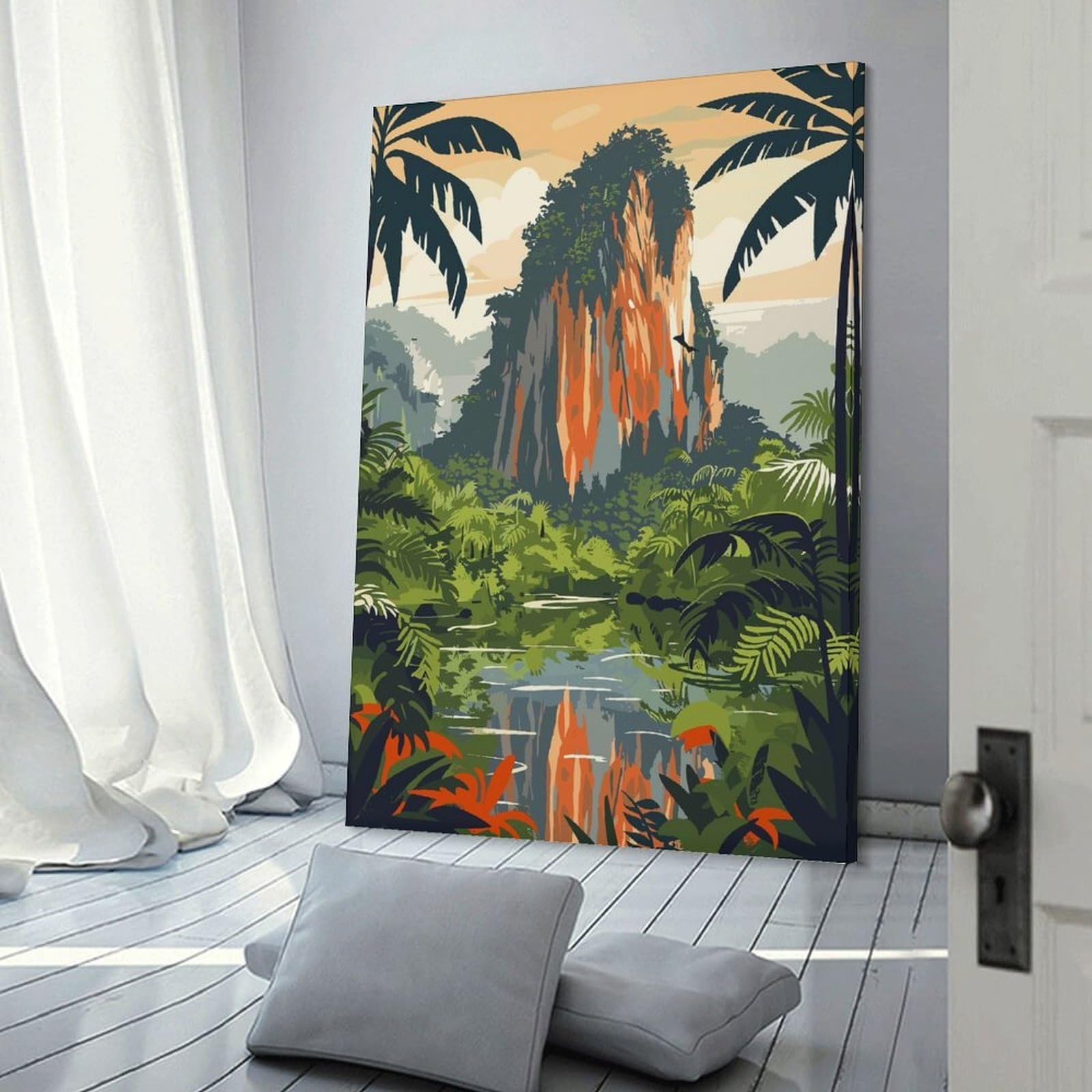 Junmoney Frame-Tropical Jungle Landscape With Mountain Tropical Jungle Landscape With Mountain Canvas Art Print 20X30inch(50X75cm), For Calm Bedrooms, Home Corners Or Flats, An Easy Wall Refresh For Bedrooms