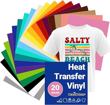 TECKWRAP HTV Heat Transfer Vinyl Bundle 20 Sheets 12"x10" Iron on Vinyl Pack for T-Shirts, 20 Assorted Colors Heat Press Vinyl for Most Craft Cutter Machine & Fabric Designs