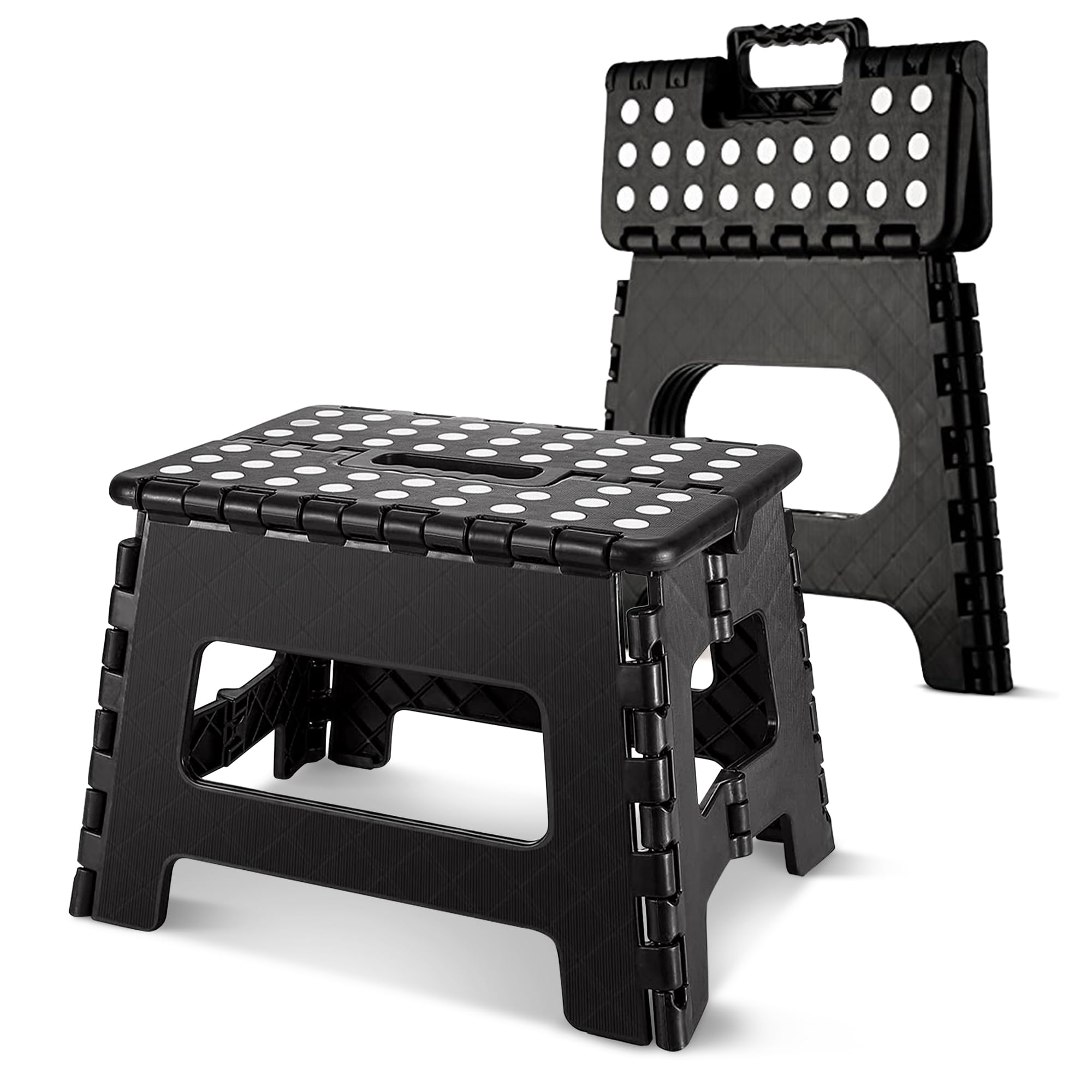 9 inch Folding Step Stool Strong, Lightweight, Heavy Duty Foldable Step Stool With Carrying Handle, Plastic Kitchen Steps Stools Folding for Adults & Kids, Anti Slip Easy to Use For Bathroom -Black