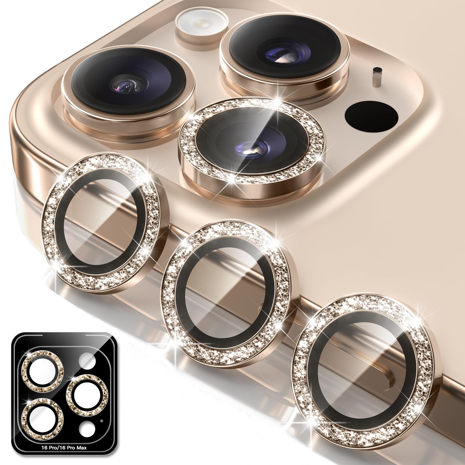 BERFY Camera Lens Protector for iPhone 16 Pro/16 Pro Max, Glitter Bling Aluminum Alloy Metal Ring, 9H Tempered Glass Camera Cover Screen Protector Accessories, Anti-Scratch, Case Friendly, Rose Gold