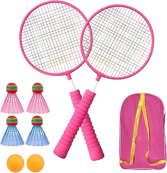Kids Badminton Set, 1 Pair Kids Badminton Racket, Includes 2 Pink Rackets, 4 Shuttlecocks, 2 Ping Pong Balls and 1 Storage Bag, Kid and Teenager Friendly, Great for Indoor & Outdoor