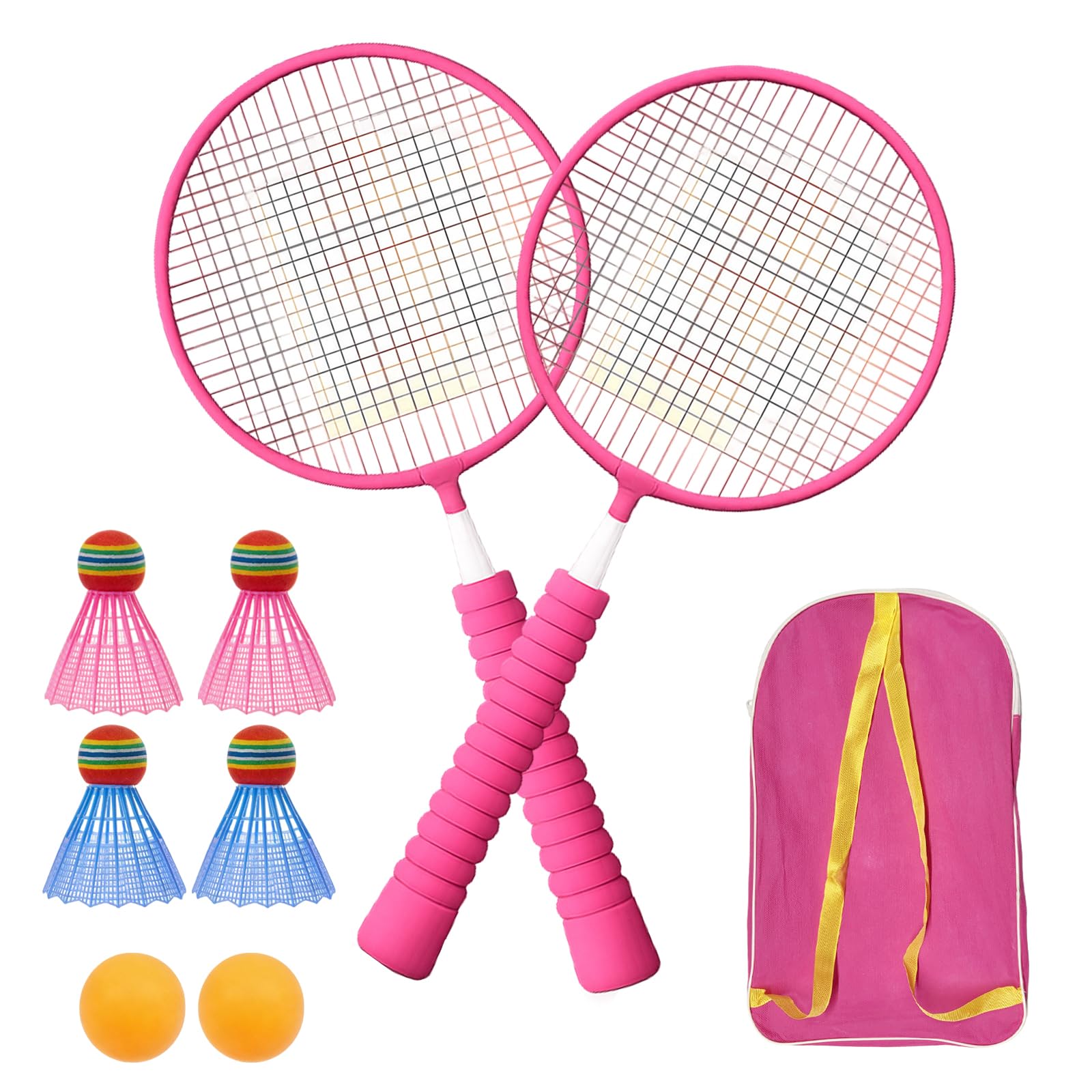 Kids Badminton Set, 1 Pair Kids Badminton Racket, Includes 2 Pink Rackets, 4 Shuttlecocks, 2 Ping Pong Balls and 1 Storage Bag, Kid and Teenager Friendly, Great for Indoor and Outdoor Play (Pink)