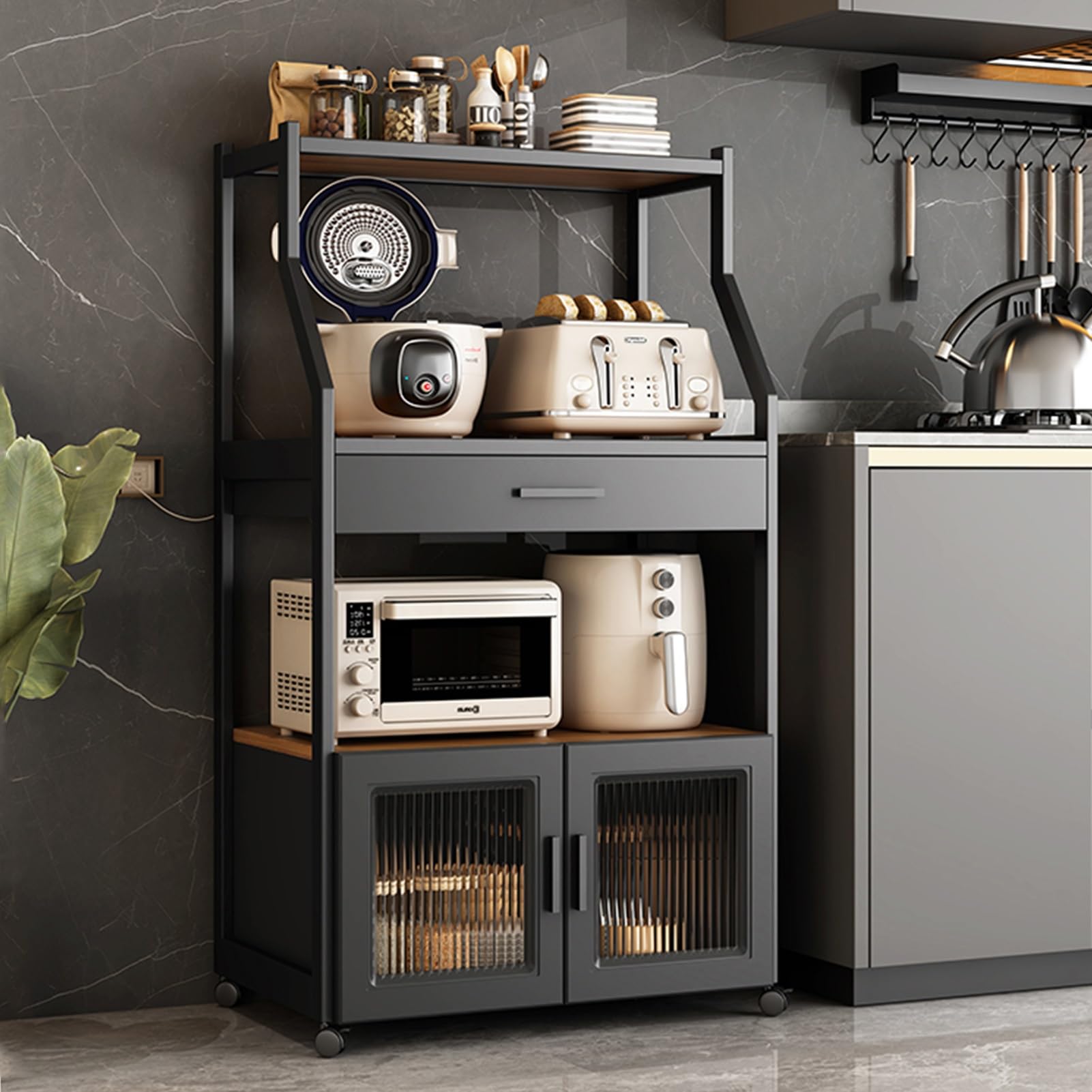 Supporto per forno a microonde con contenitore, scaffale mobile su 4 ruote girevoli, mobile da cucina autoportante per sala da pranzo e soggiorno, perfetto per cucina e risparmio di spazio