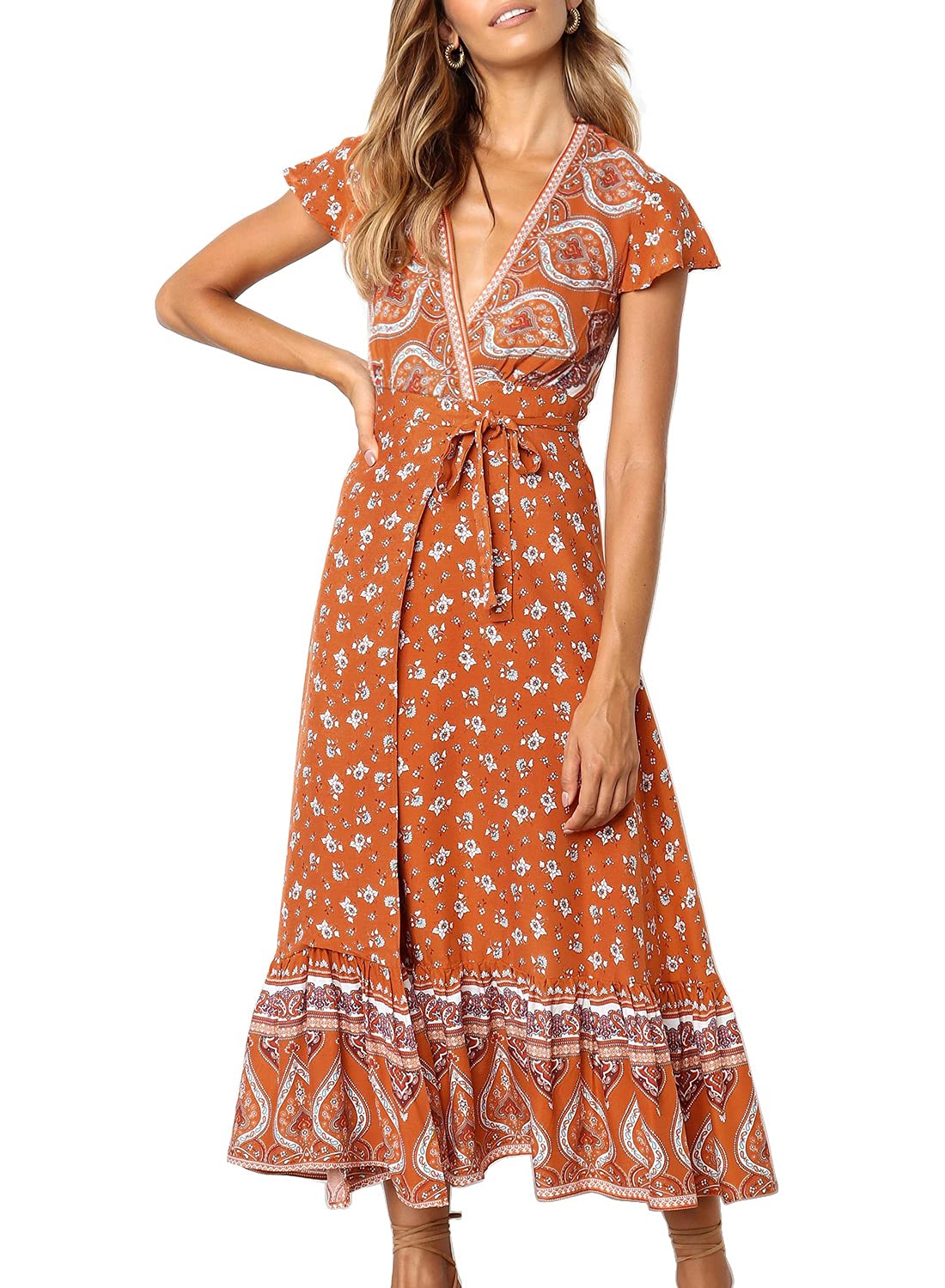 ZESICA Women's 2025 Bohemian Floral Printed Wrap V Neck Short Sleeve Split Beach Party Maxi Dress