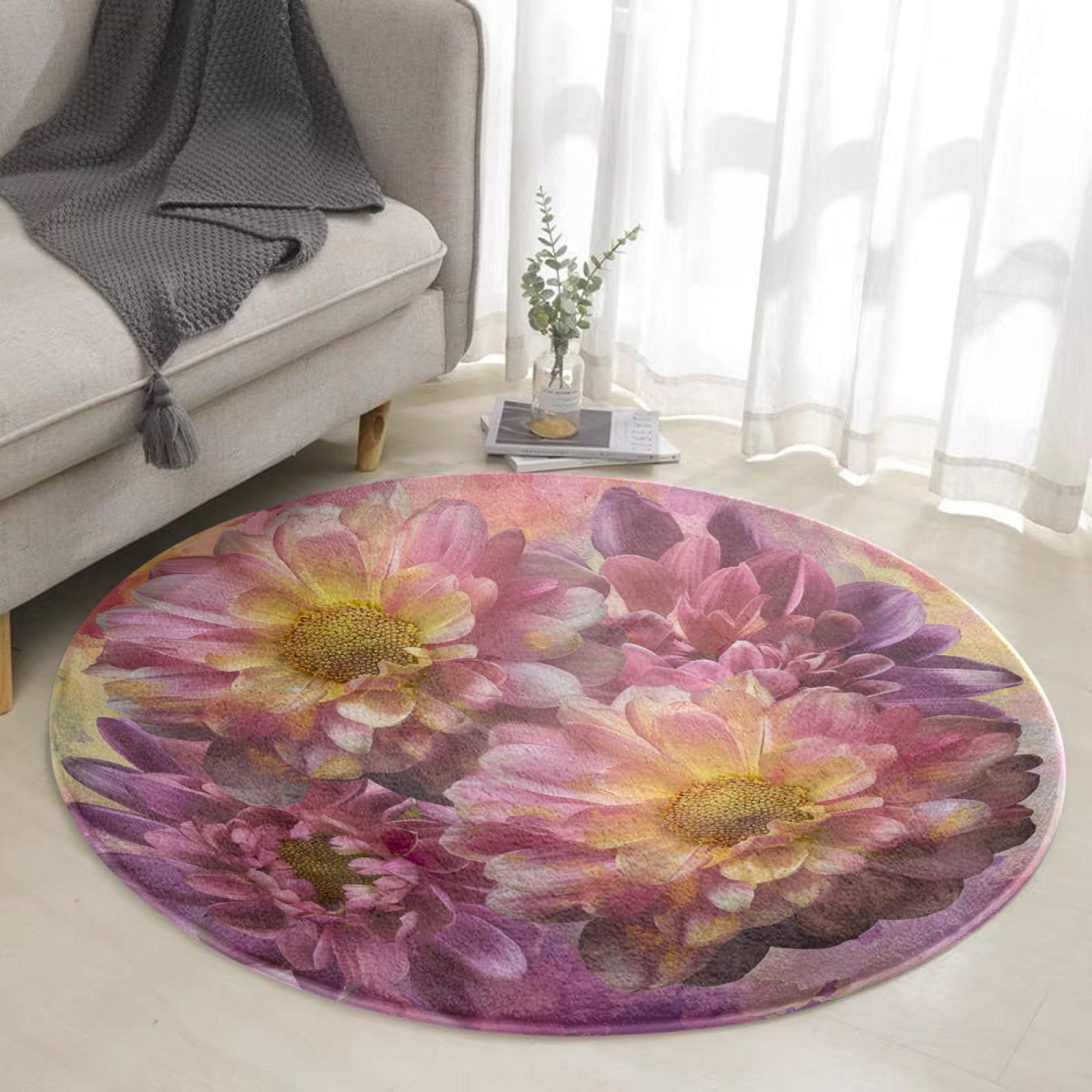 Tapis de jardin rond pour terrasse et salon au design floral moderne