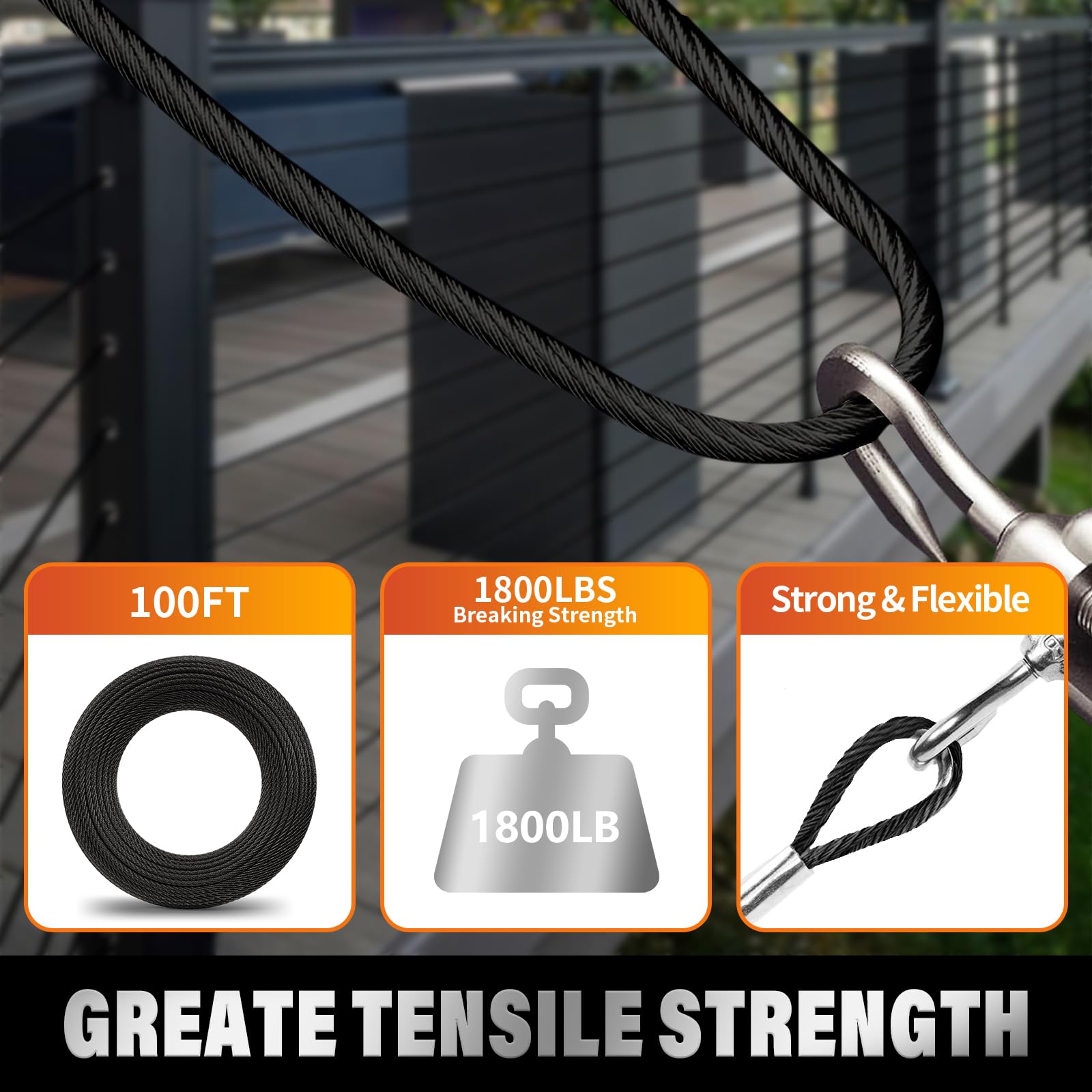 Câble Inox 91.5m - Diamètre 3.18mm, Résistance 626kg - Pour Rampes, Corde à Linge, Guirlandes, Bricolage